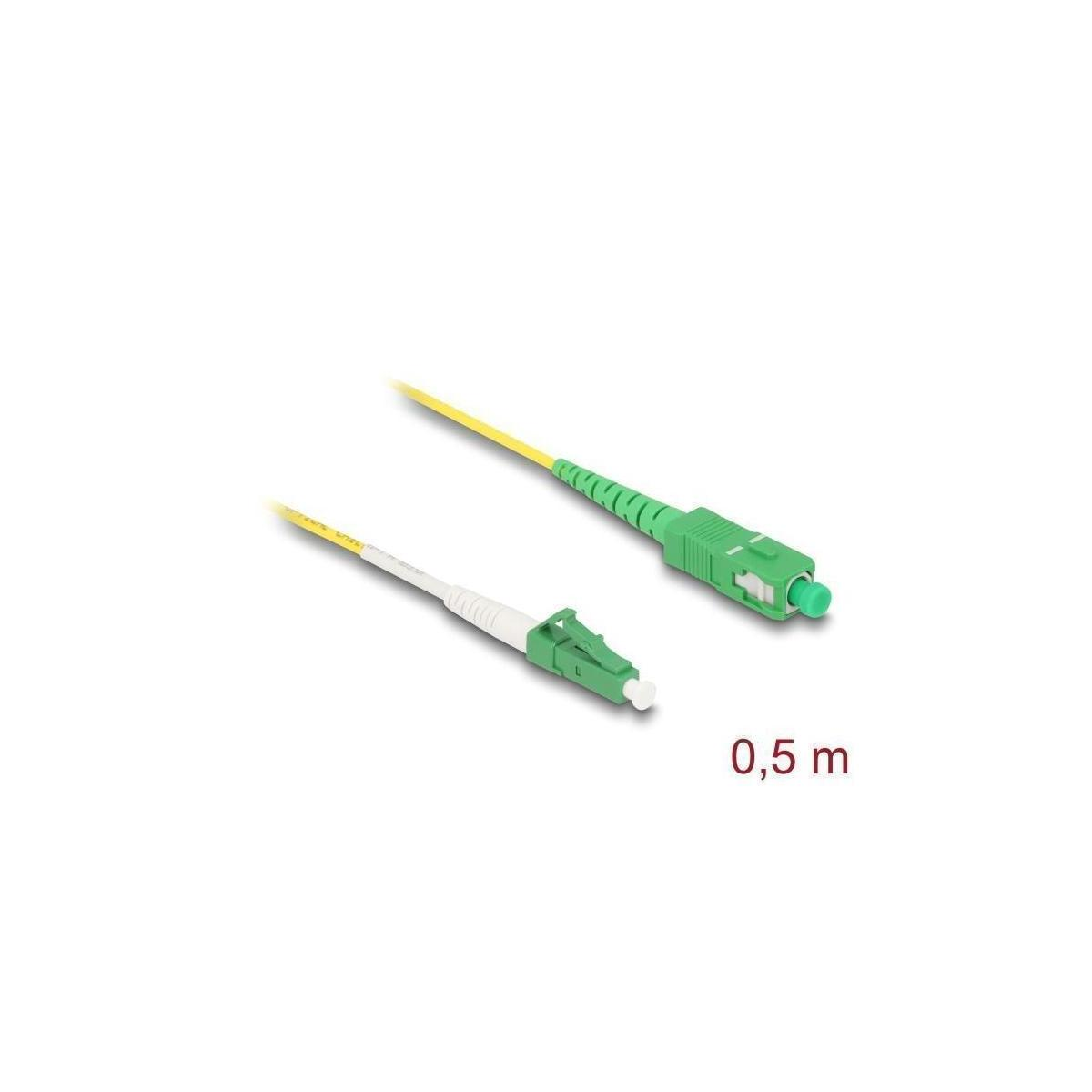 Due cavi in fibra ottica con connettori verdi. Il testo recita 0,5 m. Sfondo bianco.