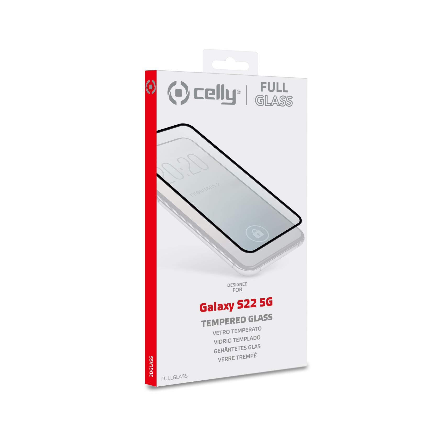 Viene mostrata una scatola per una protezione schermo in vetro temperato per un telefono Galaxy S22 5G.