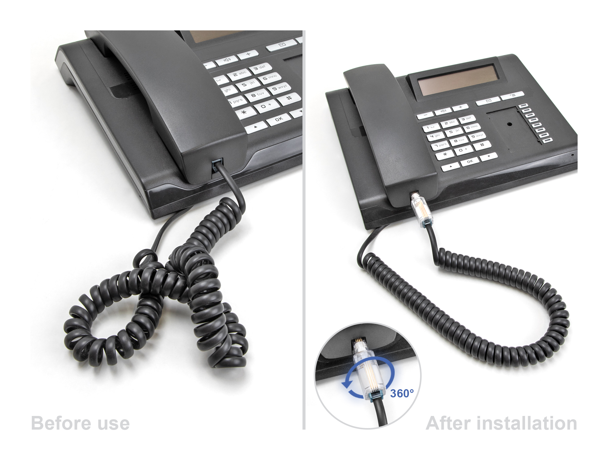 Due immagini di un telefono con cavo telefonico prima e dopo l'installazione.