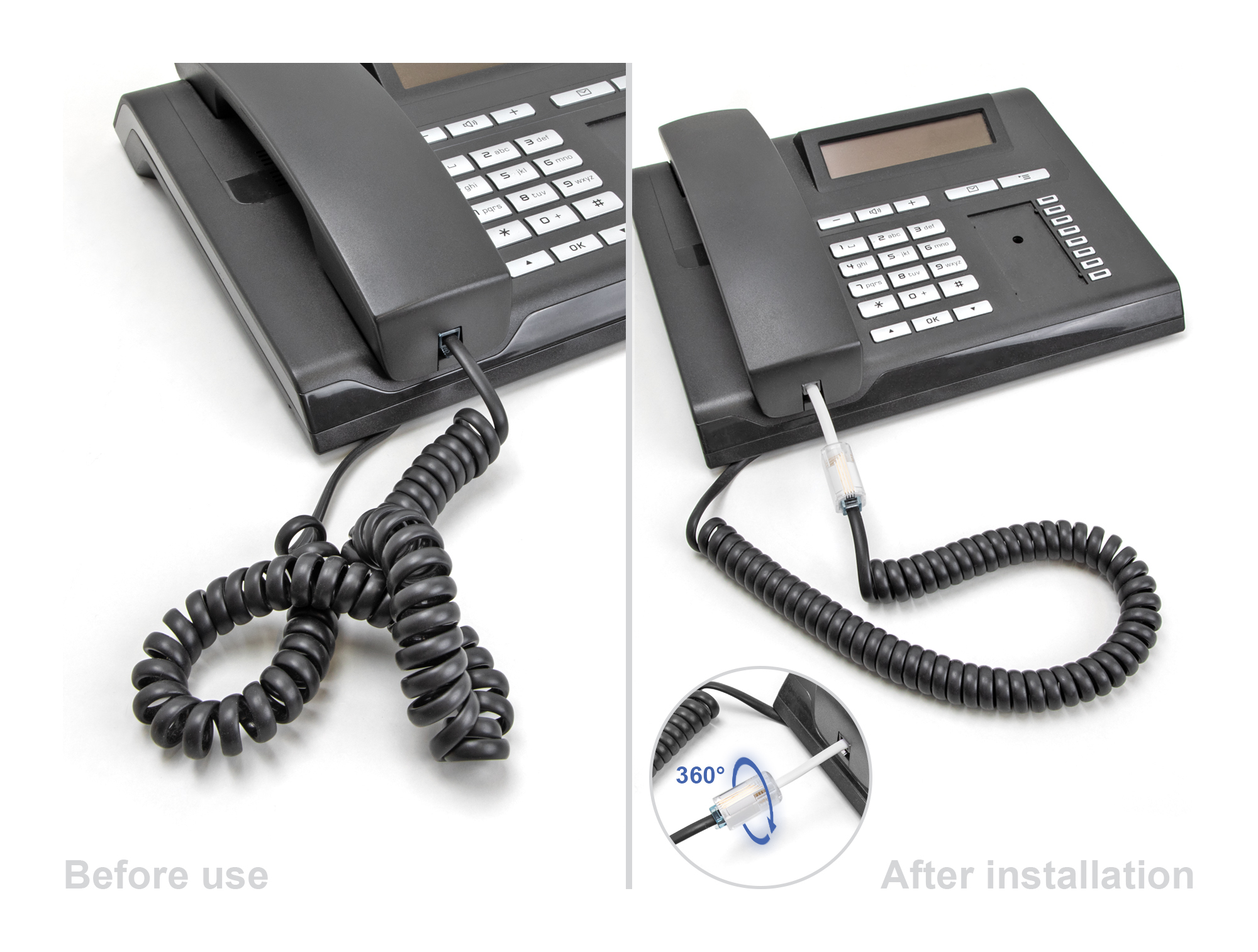 Due immagini, un telefono con cavo a spirale e un telefono con cavo dritto.