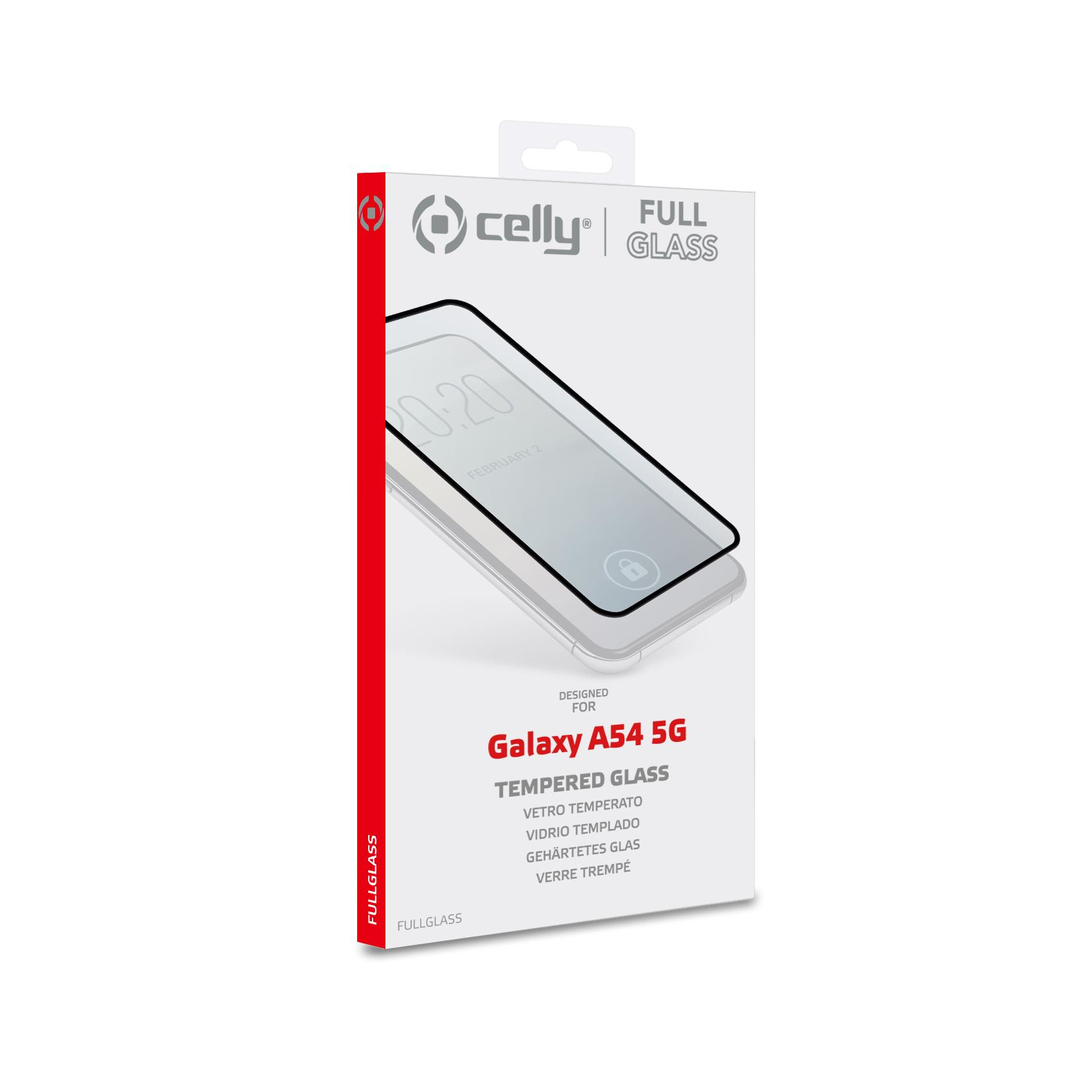 Confezione di protezione schermo Celly Galaxy A54 5G, scatola bianca con immagine del telefono.