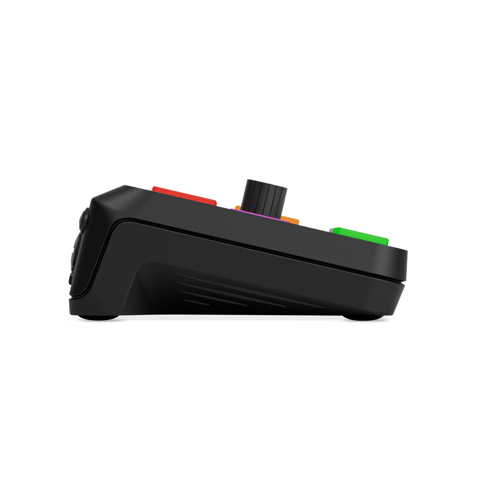 Mixer audio nero con pulsanti colorati e una manopola centrale, vista laterale.
