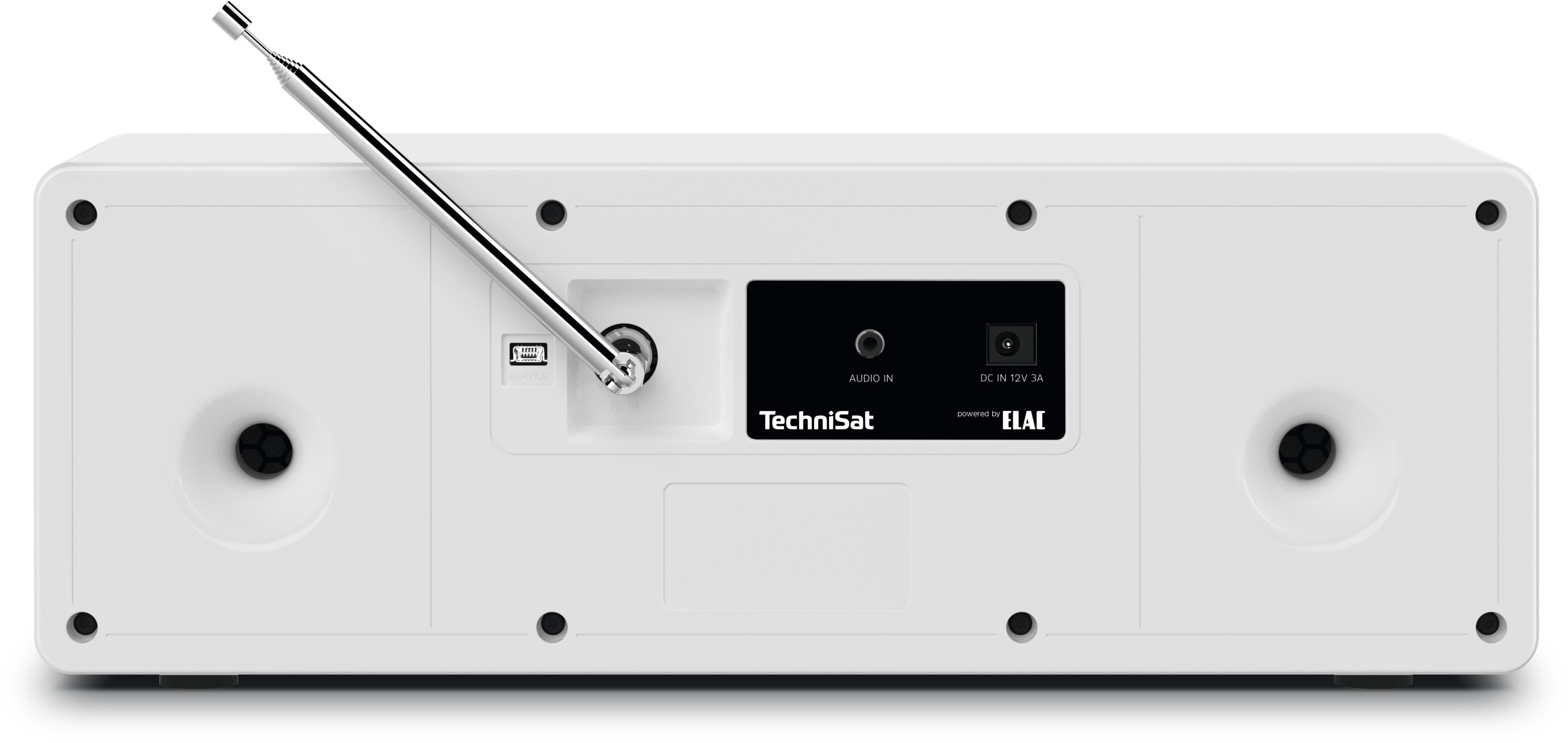 Radio blanche avec port USB, antenne et boutons à l'arrière. Texte et détails noirs.