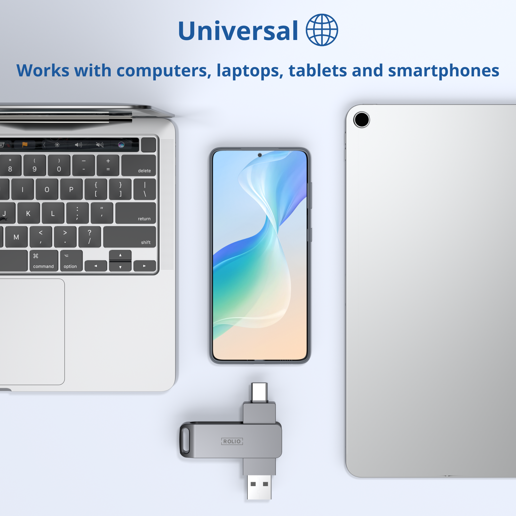 Laptop, tablet, smartphone en USB-C adapter op een lichtblauwe ondergrond.