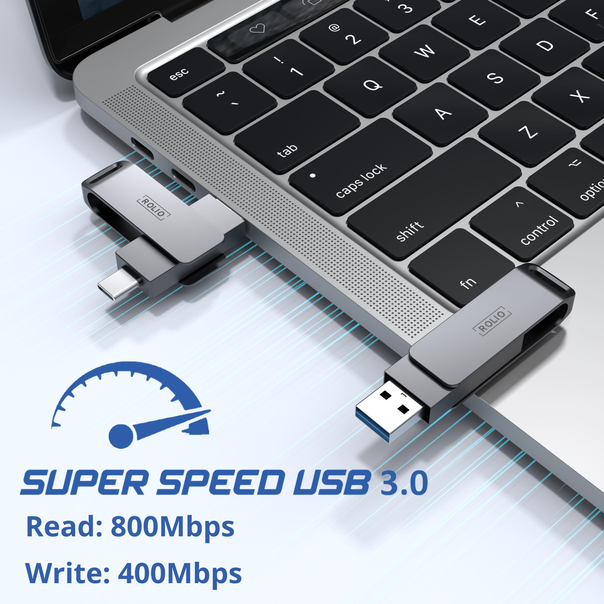 USB 3.0 data-overdrachtsapparaat met laptop, leessnelheden en schrijfsnelheden.