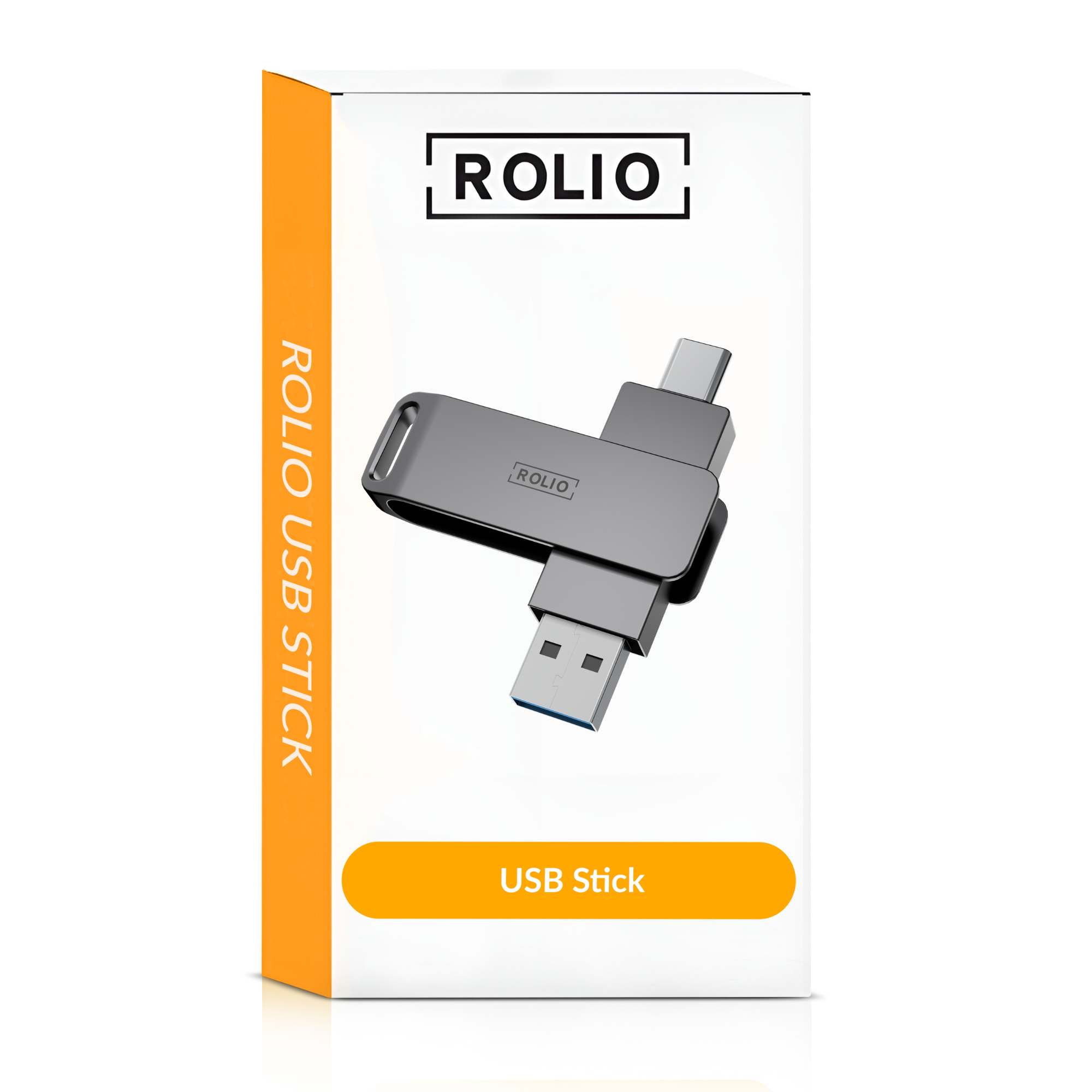 Een USB-stick in een doos met de merknaam ROLIO. De doos is wit en de stick is grijs.
