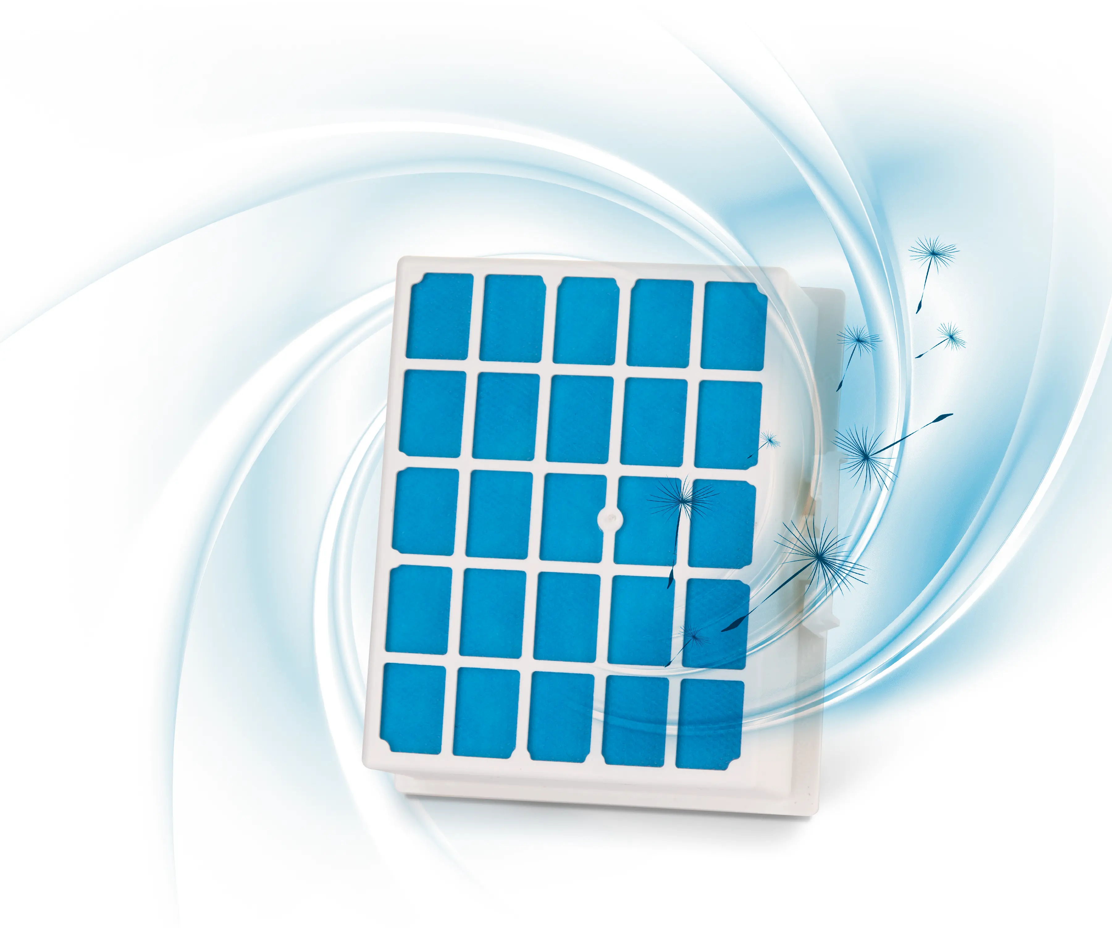 Niebieski filtr powietrza z białą ramką i tłem z falą.