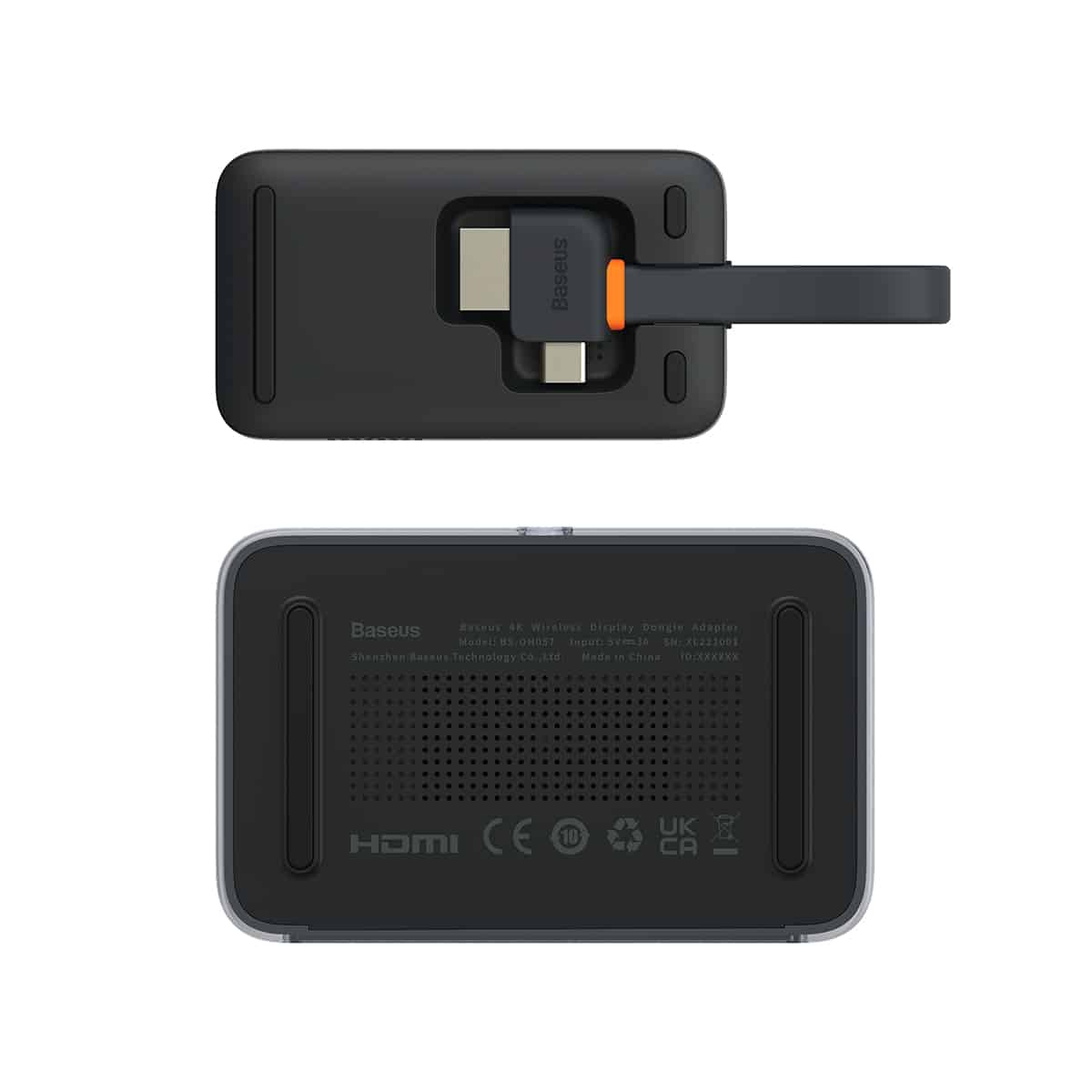 Dispositivo Baseus nero con cavo HDMI. Mostra le informazioni sul prodotto in basso e ha una porta.