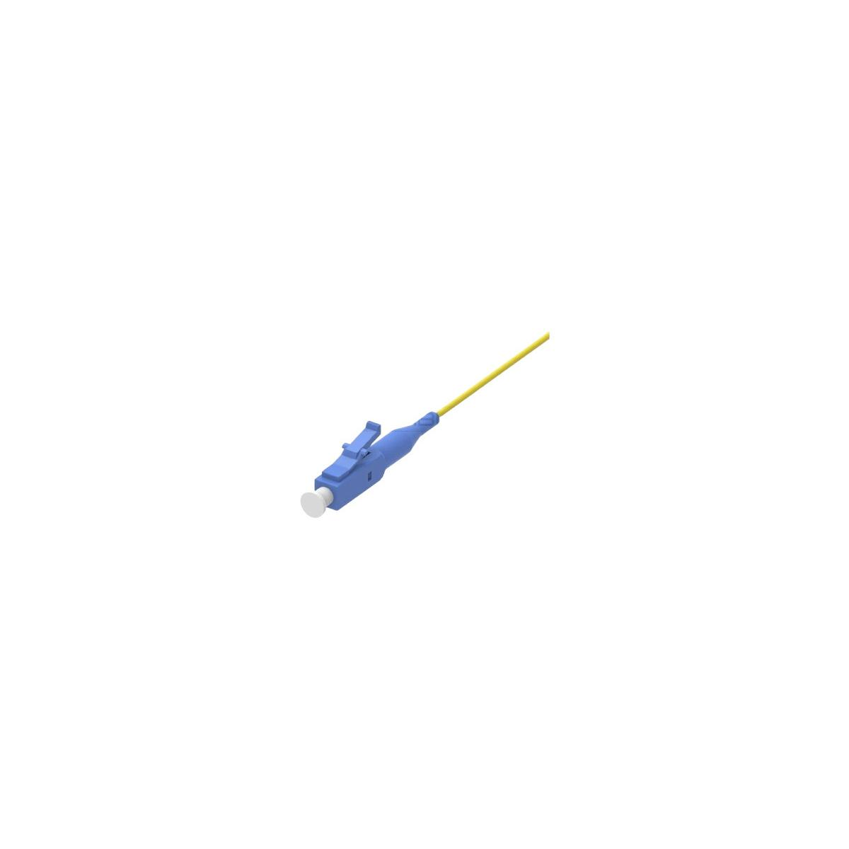 Un cavo con connettore blu con un cavo giallo, su sfondo bianco.