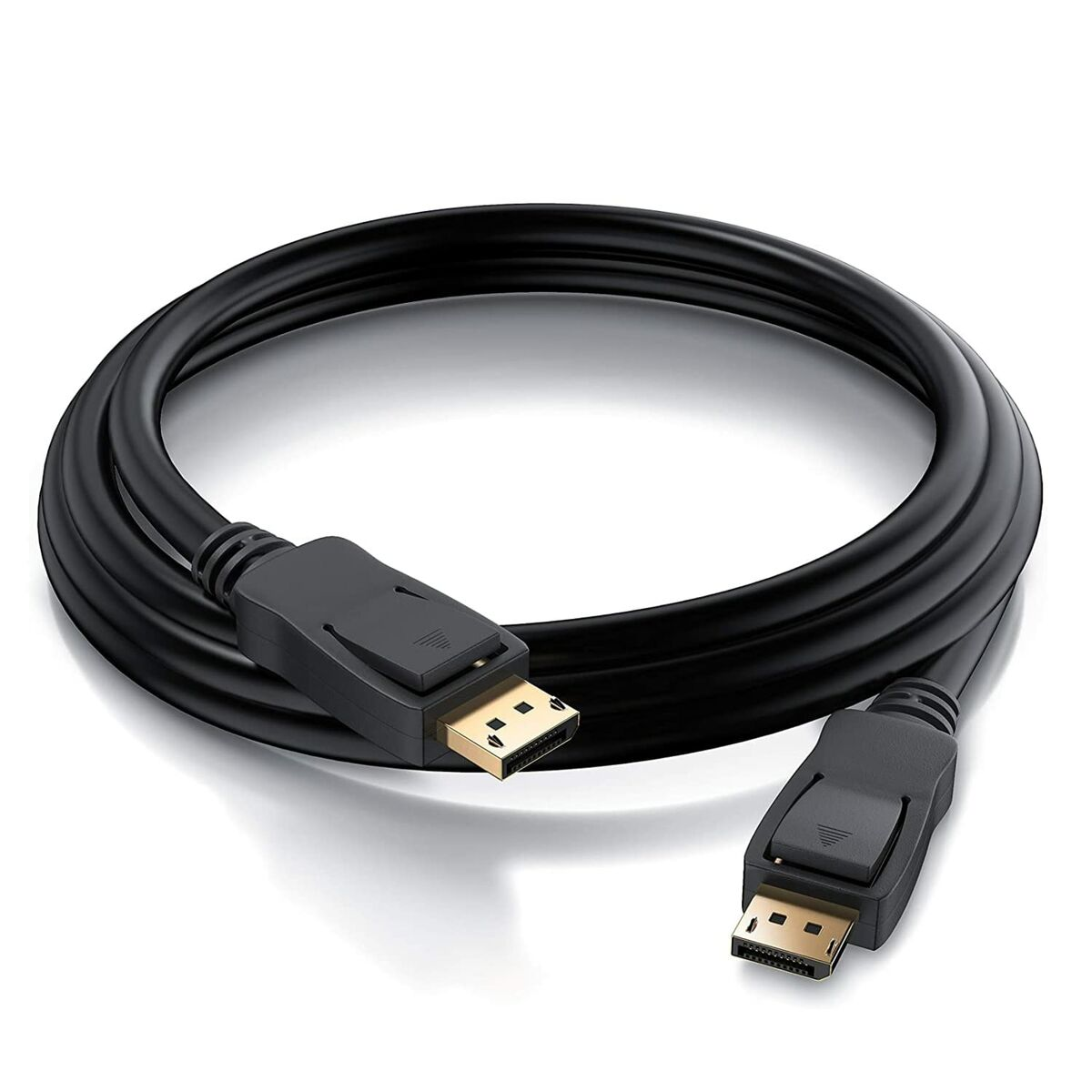Cavo DisplayPort nero arrotolato su sfondo bianco.