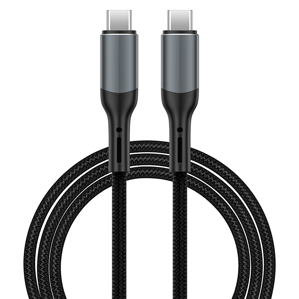 Due cavi USB-C neri con estremità grigie. I cavi sono intrecciati.