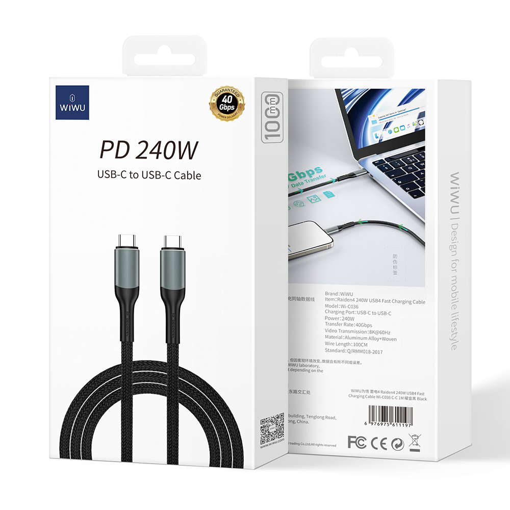 Un cavo da USB-C a USB-C in una scatola. La scatola ha testo e grafica.