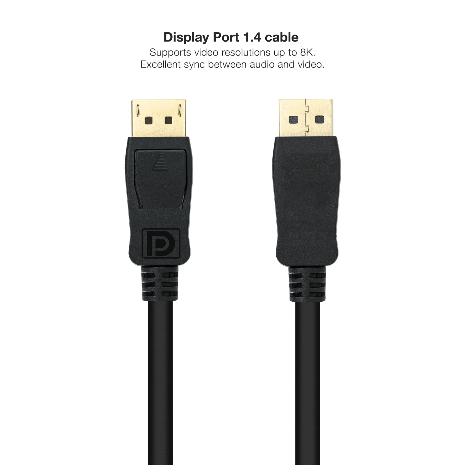 Kabel DisplayPort z tekstem, czarne złącza, białe tło.