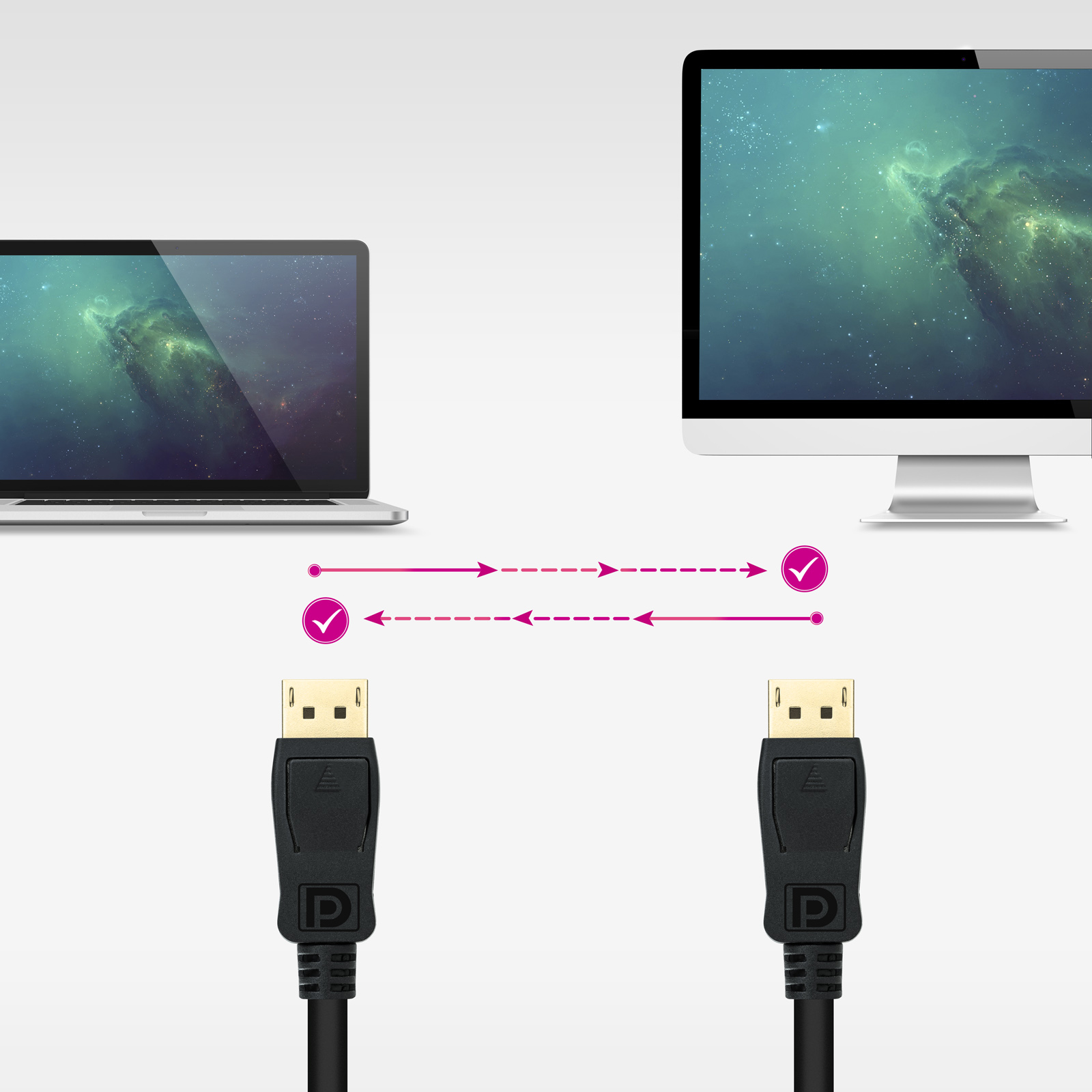 Kabel DisplayPort łączący laptop z monitorem, białe tło.