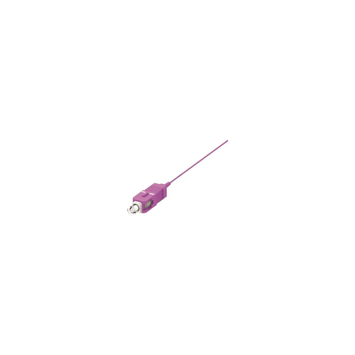 Connettore in fibra ottica viola su sfondo bianco.