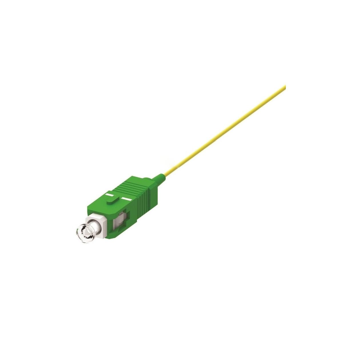 Cavo in fibra ottica verde e giallo con connettore verde, sfondo bianco.