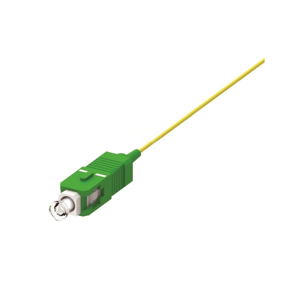 Connettore per cavo in fibra ottica verde e bianco con cavo giallo.