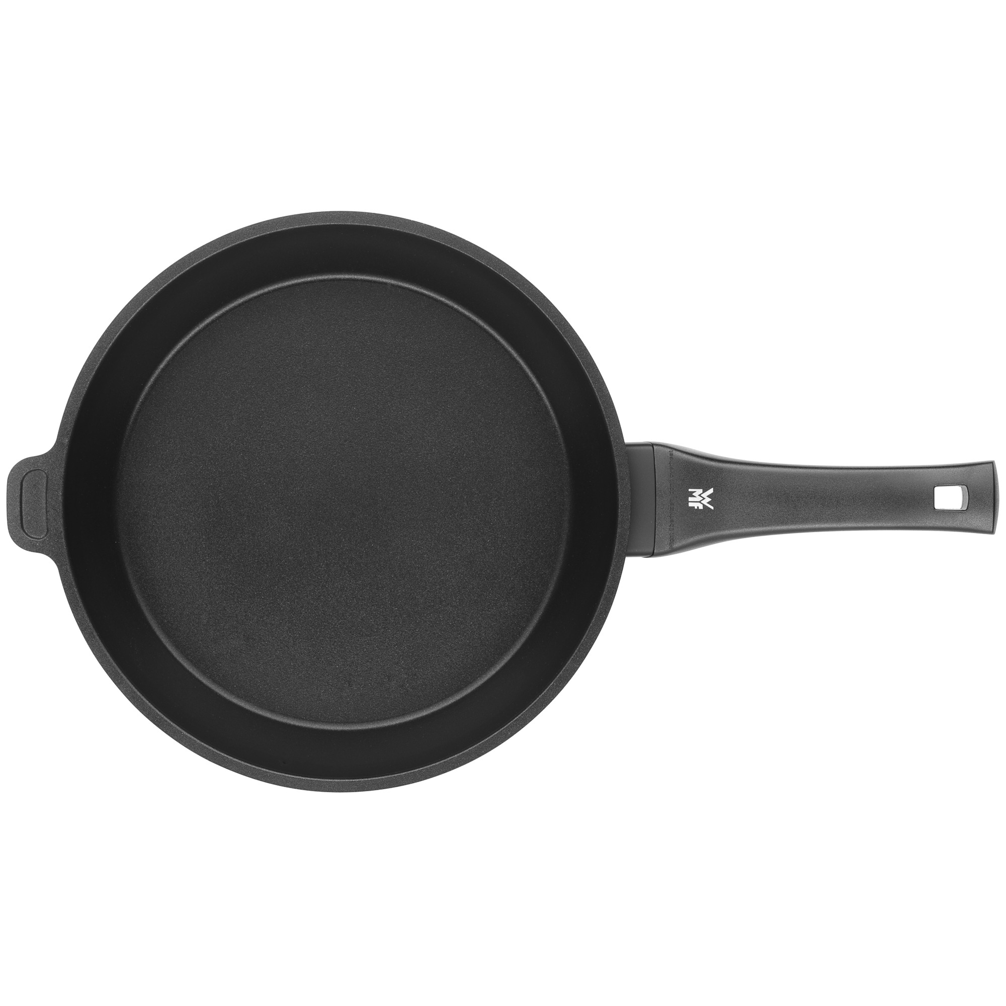 Une poêle noire avec une poignée. La poignée a un logo noir et blanc.