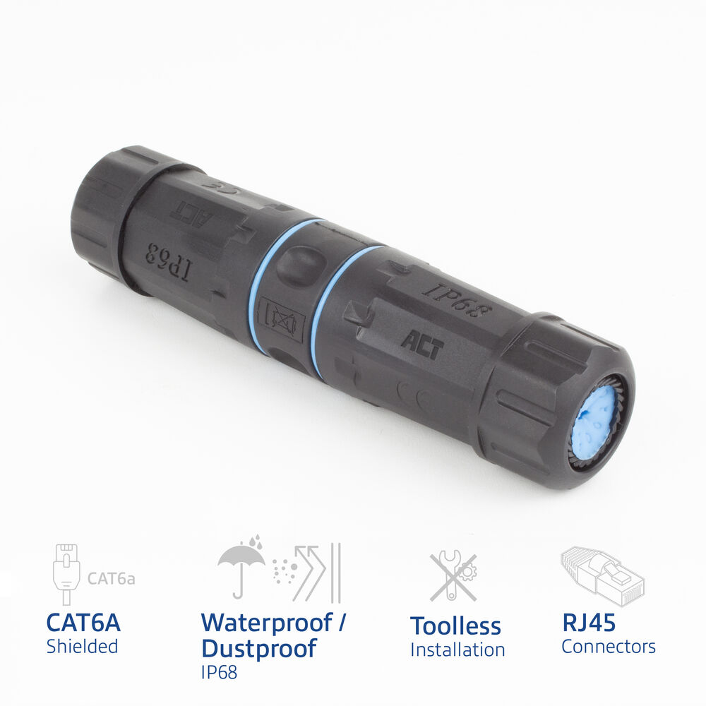 Connettore cilindrico nero. Con dettagli blu e impermeabile. Include CAT6A e connettori RJ45.
