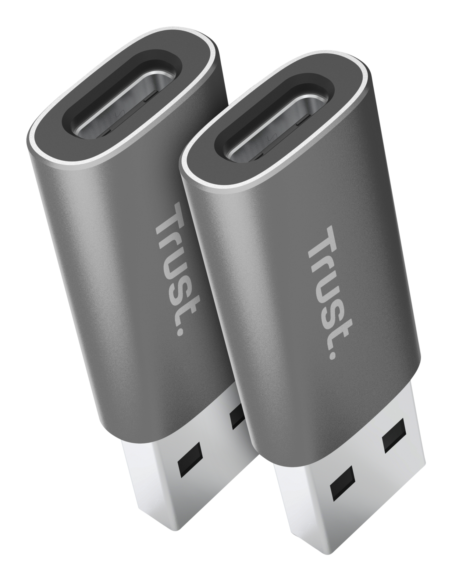 Dwa szare adaptery USB-C na USB-A. Każdy ma nadruk 'Trust'.