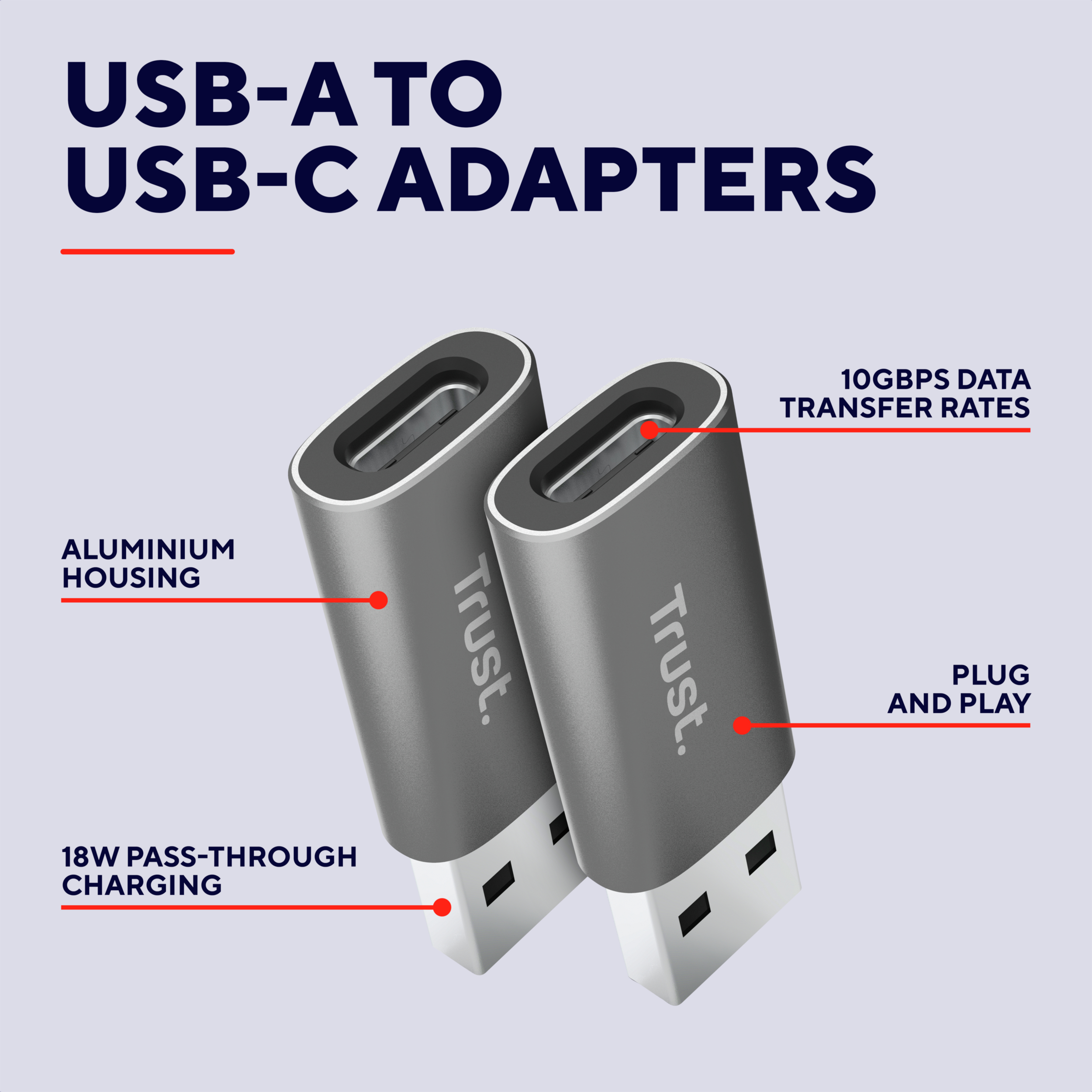 Dwa szare adaptery USB-A na USB-C z logo 'Trust', z zaznaczonymi cechami, jak aluminiowa obudowa.