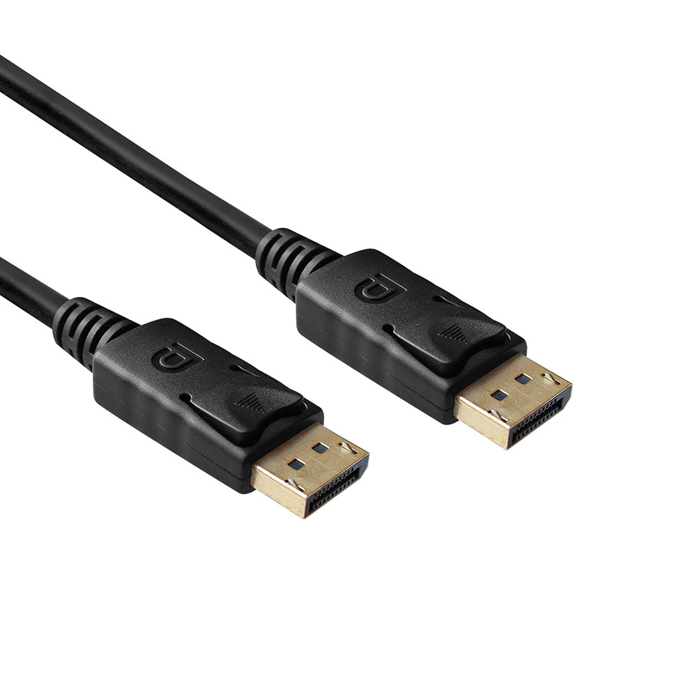 Schwarzes DisplayPort-Kabel mit goldfarbenen Steckern auf weißem Hintergrund. Beide Enden sichtbar.