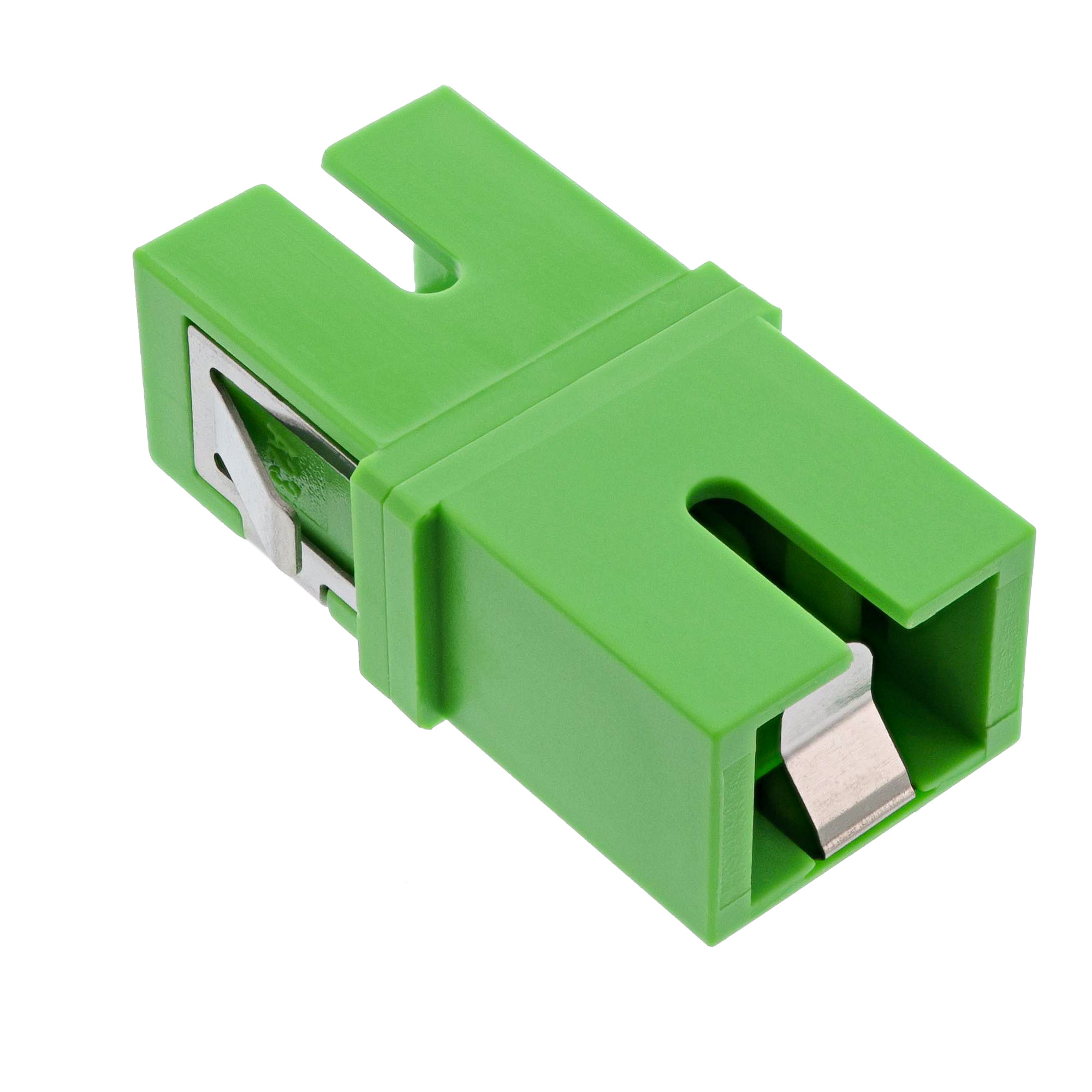 Connettore per cavo in fibra ottica in plastica verde, sfondo bianco.