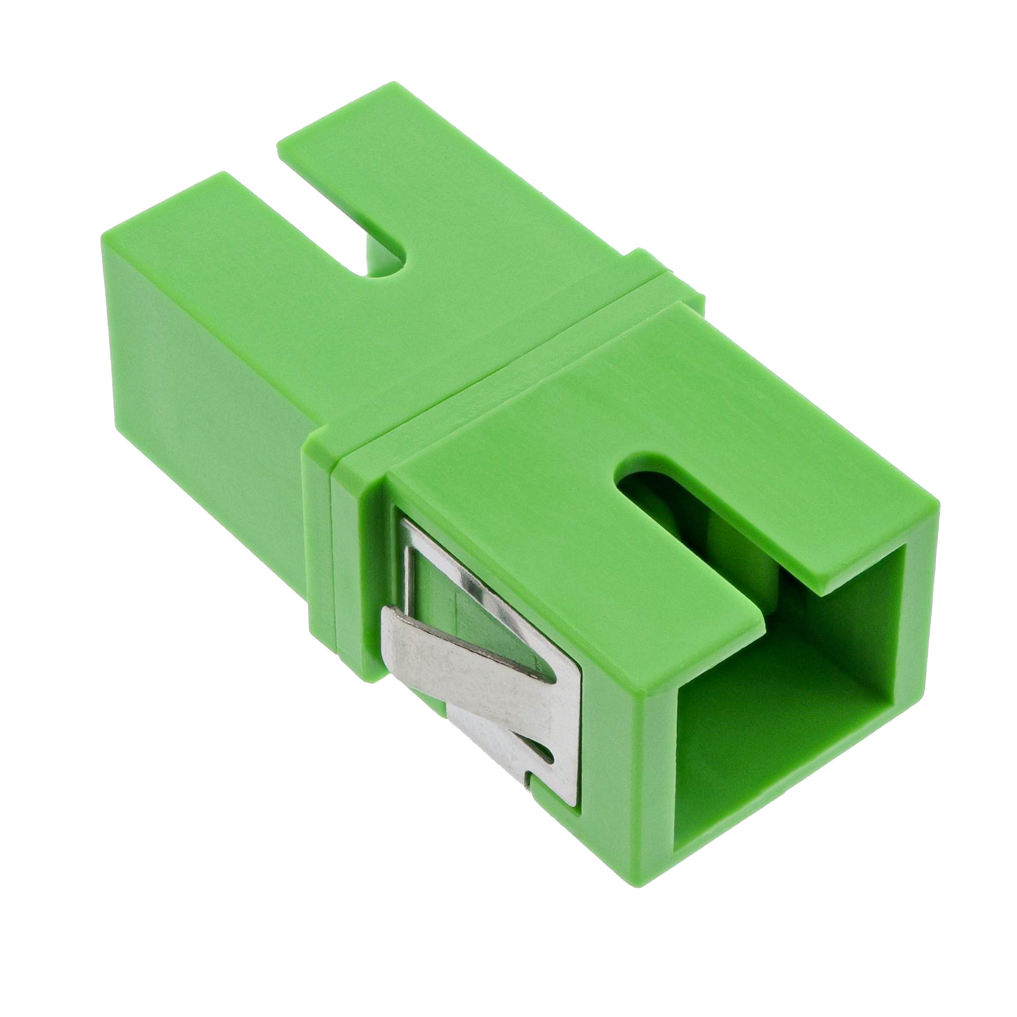 Adattatore in fibra ottica verde con un meccanismo di bloccaggio in metallo.