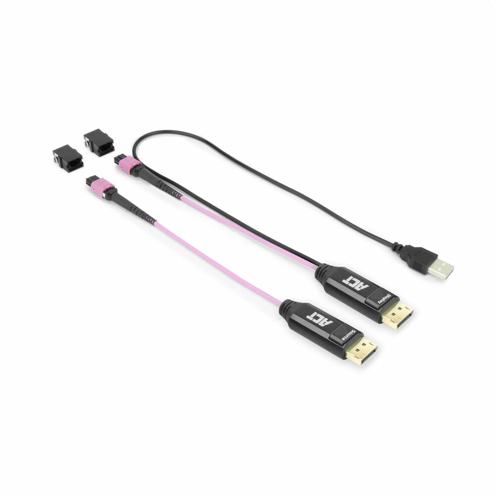Tre cavi con connettori neri e rosa. Uno ha un connettore USB.