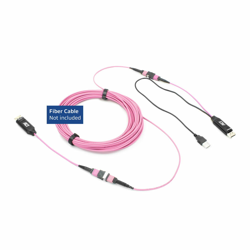Cavo in fibra ottica rosa con connettori neri e USB. Il testo recita: Cavo in fibra non incluso.