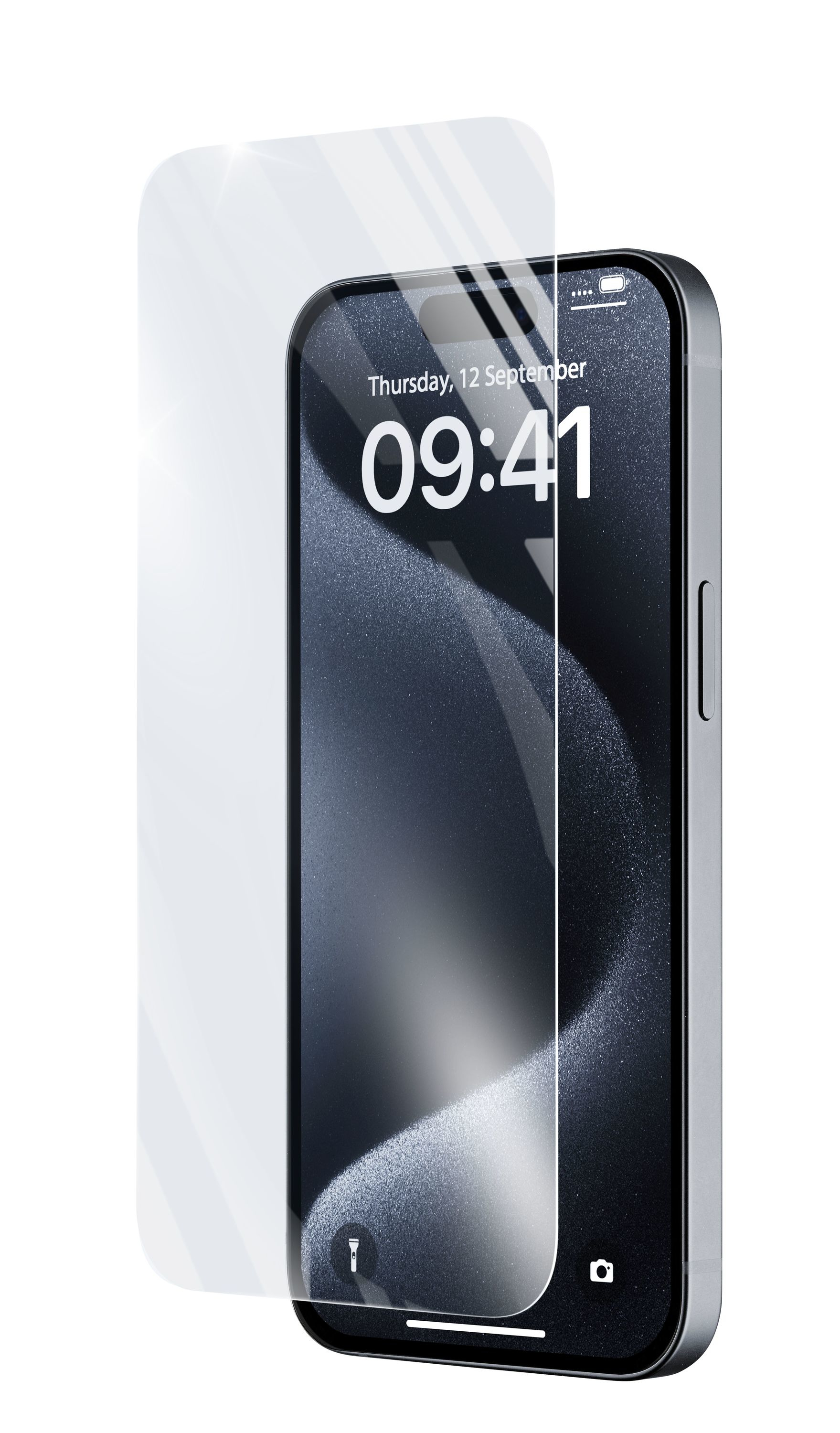 iPhone con protezione schermo, che mostra l'ora e una protezione parzialmente visibile.