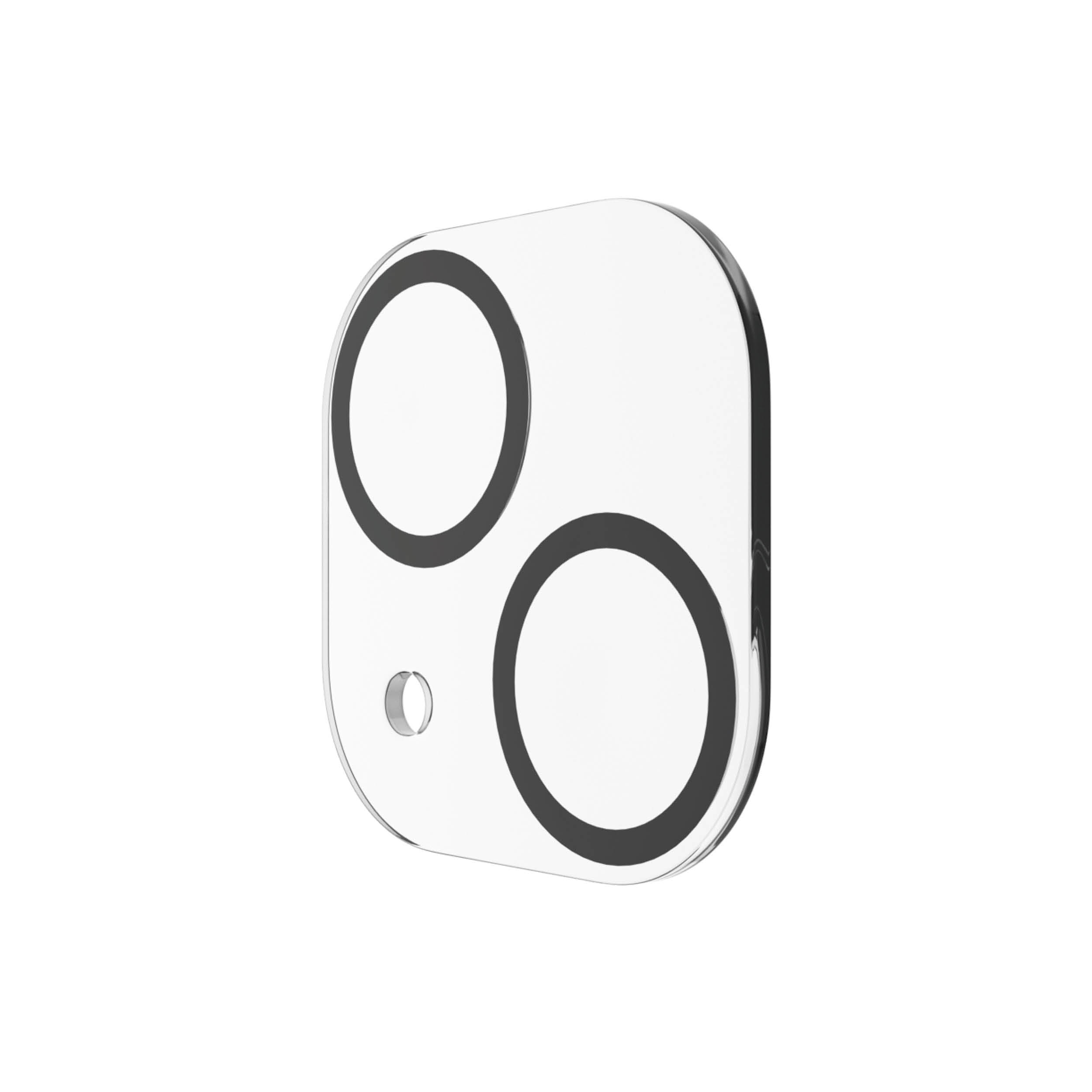 Protecteur d'objectif de caméra transparent avec deux grands cercles et un petit sur fond blanc.