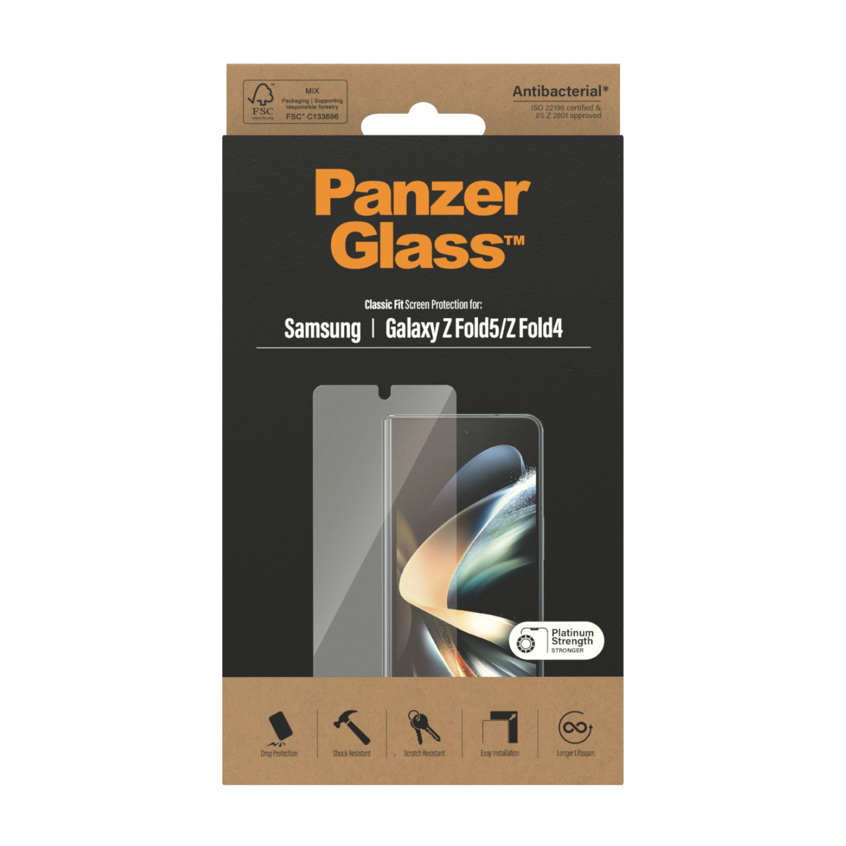 Scatola con protezione schermo in vetro per Samsung Galaxy Z Fold5/Z Fold4, con immagini e testo.