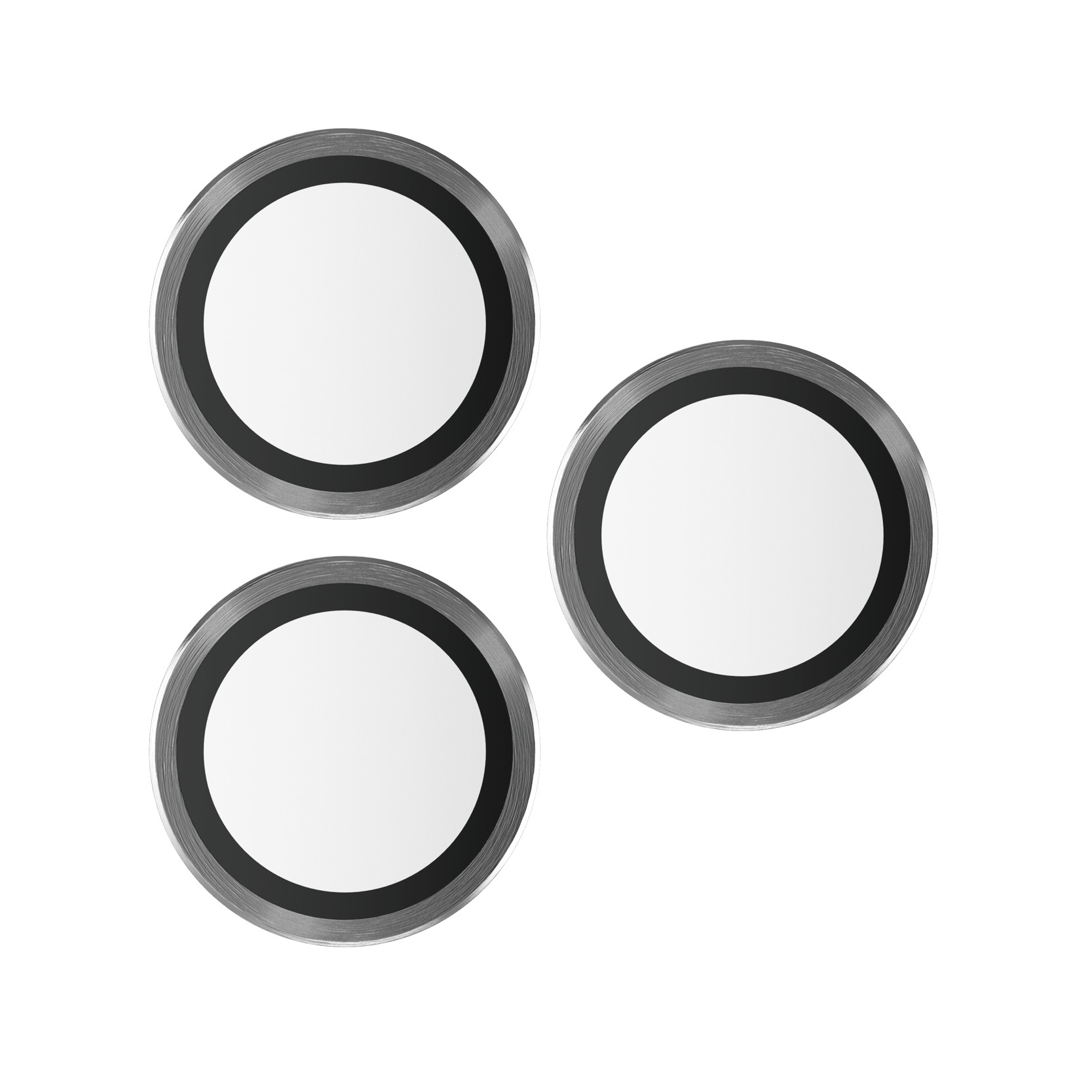 Trois anneaux noirs avec des centres blancs, isolés sur fond blanc.