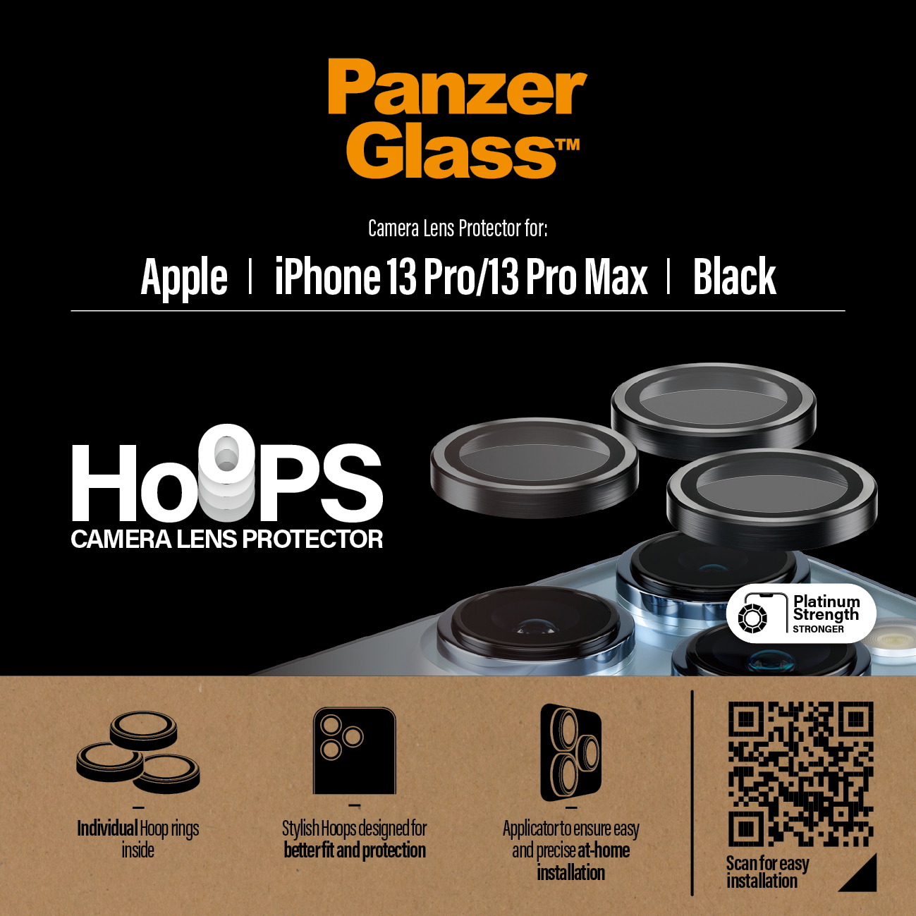 Protecteurs d'objectif d'appareil photo noirs pour iPhone 13 Pro/Pro Max, avec un fond noir.