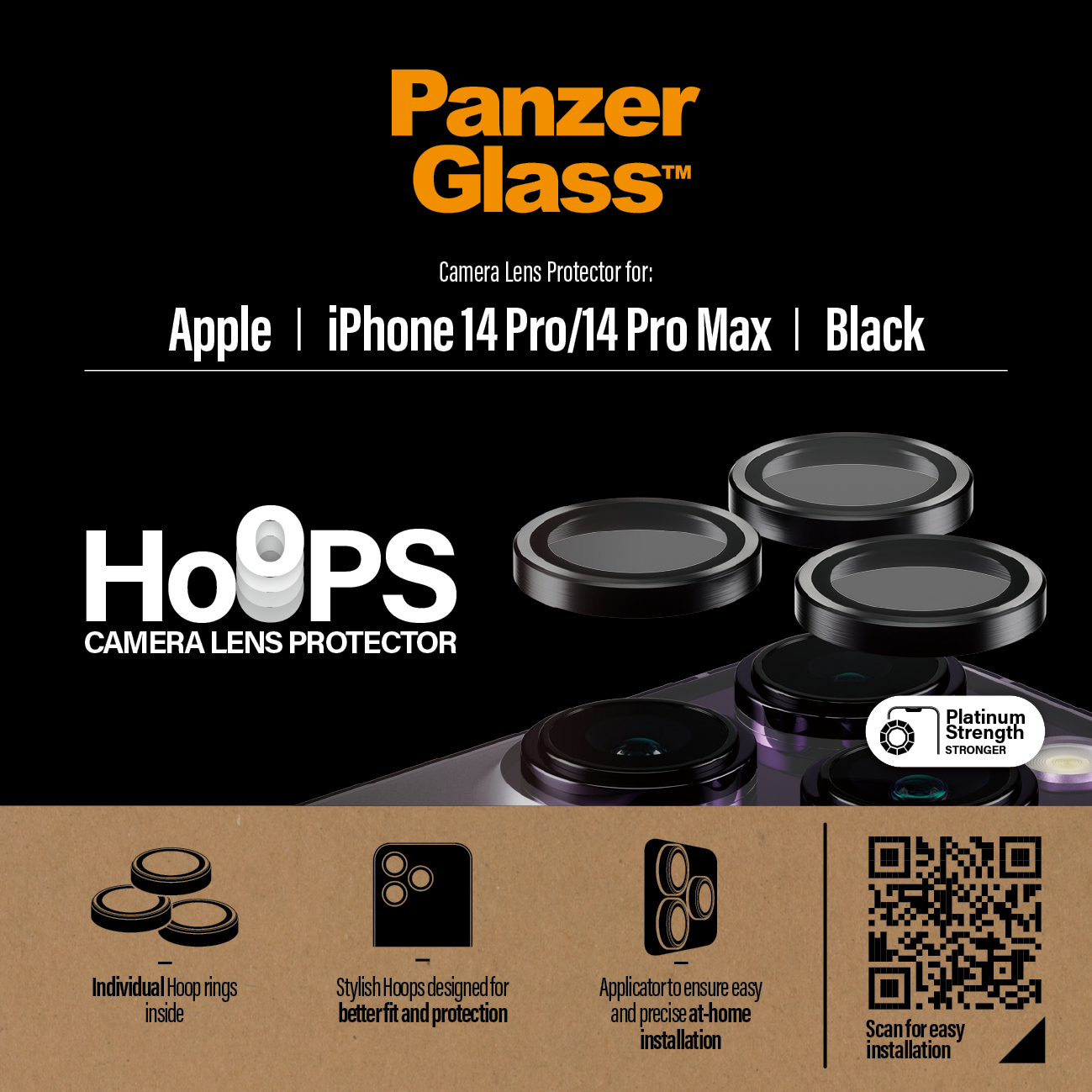 Zwarte cameralensbeschermers voor iPhone 14 Pro/Pro Max, met een zwarte achtergrond.