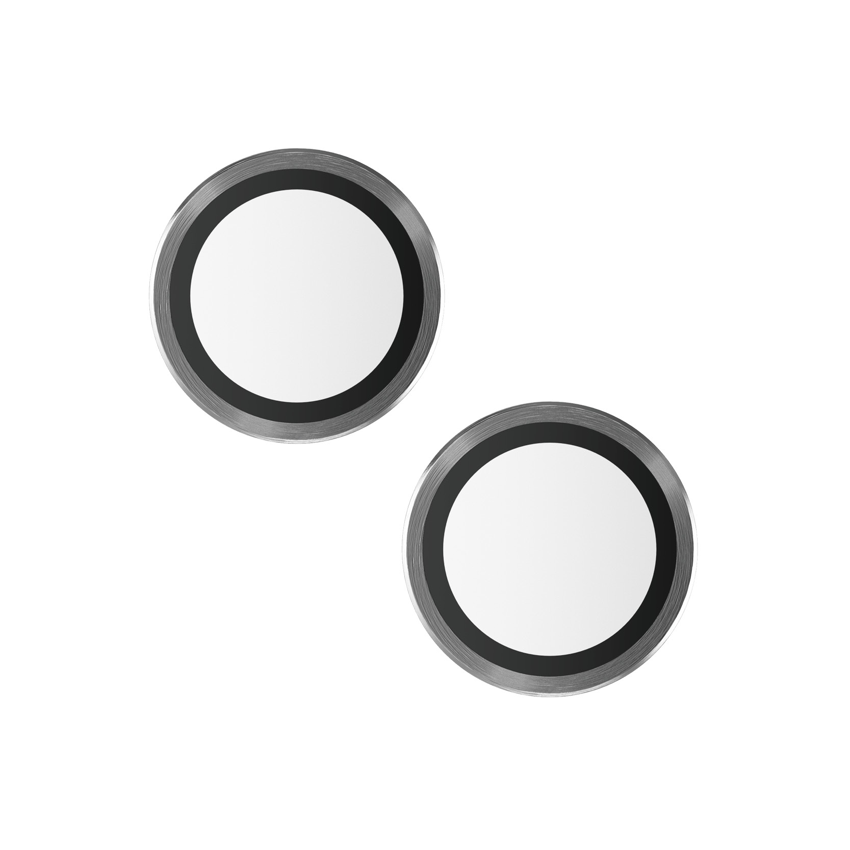 Deux protecteurs d'objectif de caméra circulaires. Ils ont un anneau noir autour d'un centre blanc.