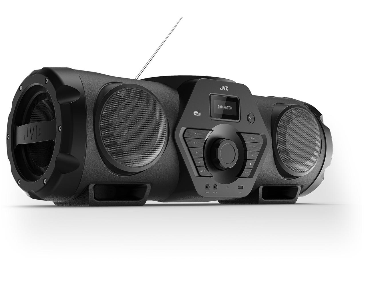 Schwarze JVC-Boombox mit zwei Lautsprechern und Digitalanzeige. Sie hat eine Antenne und Bedientasten.
