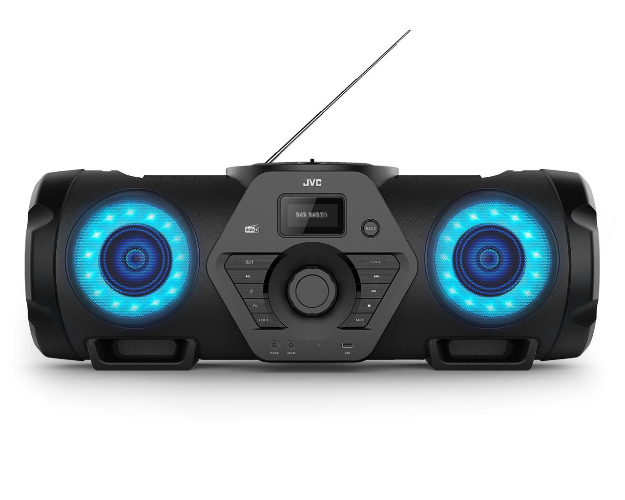 Schwarze JVC-Boombox mit blauen Lichtern um die Lautsprecher und einer kleinen Antenne.