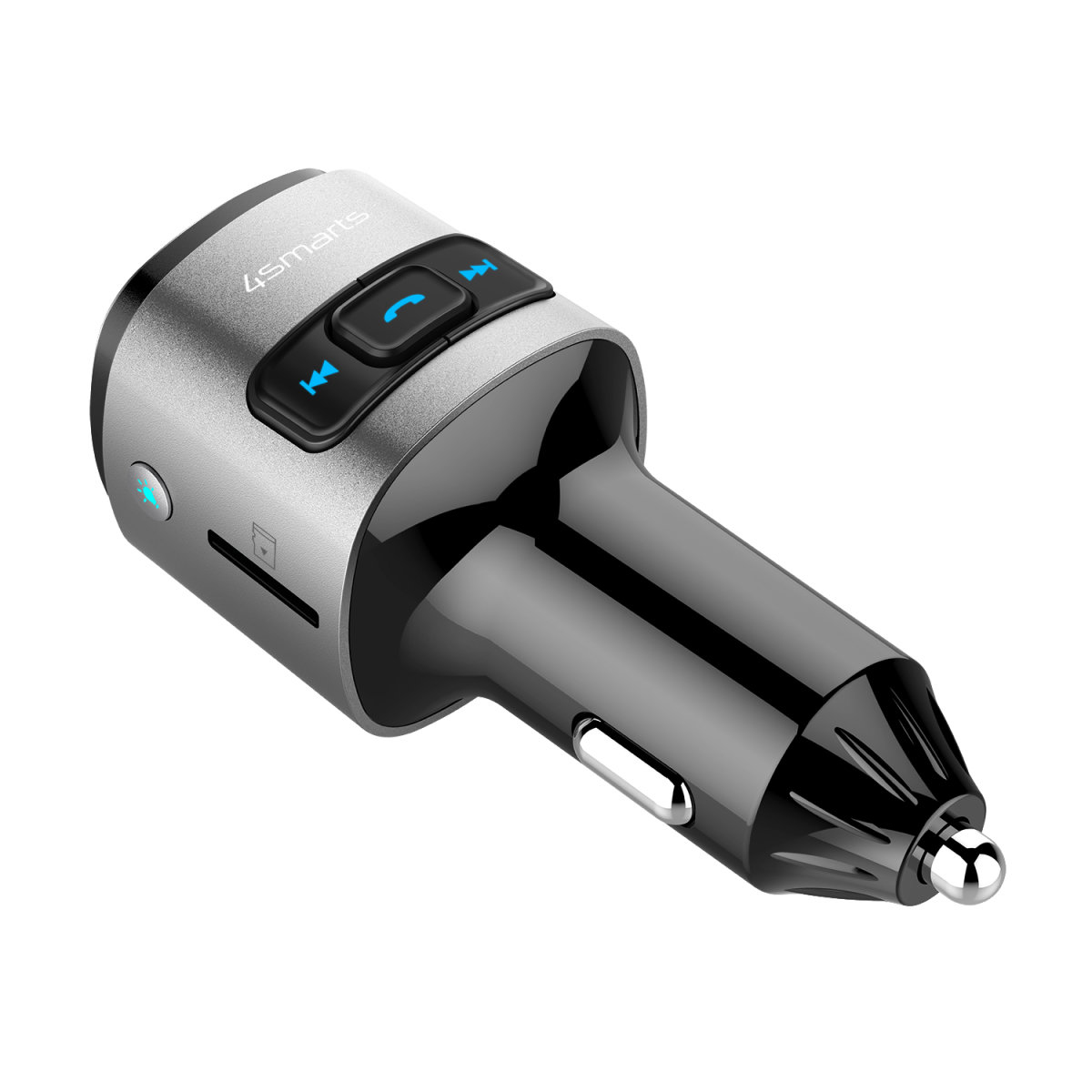 Schwarz-silbernes Autoladegerät mit Knöpfen und USB-Anschluss. Es ist ein Bluetooth FM Transmitter.