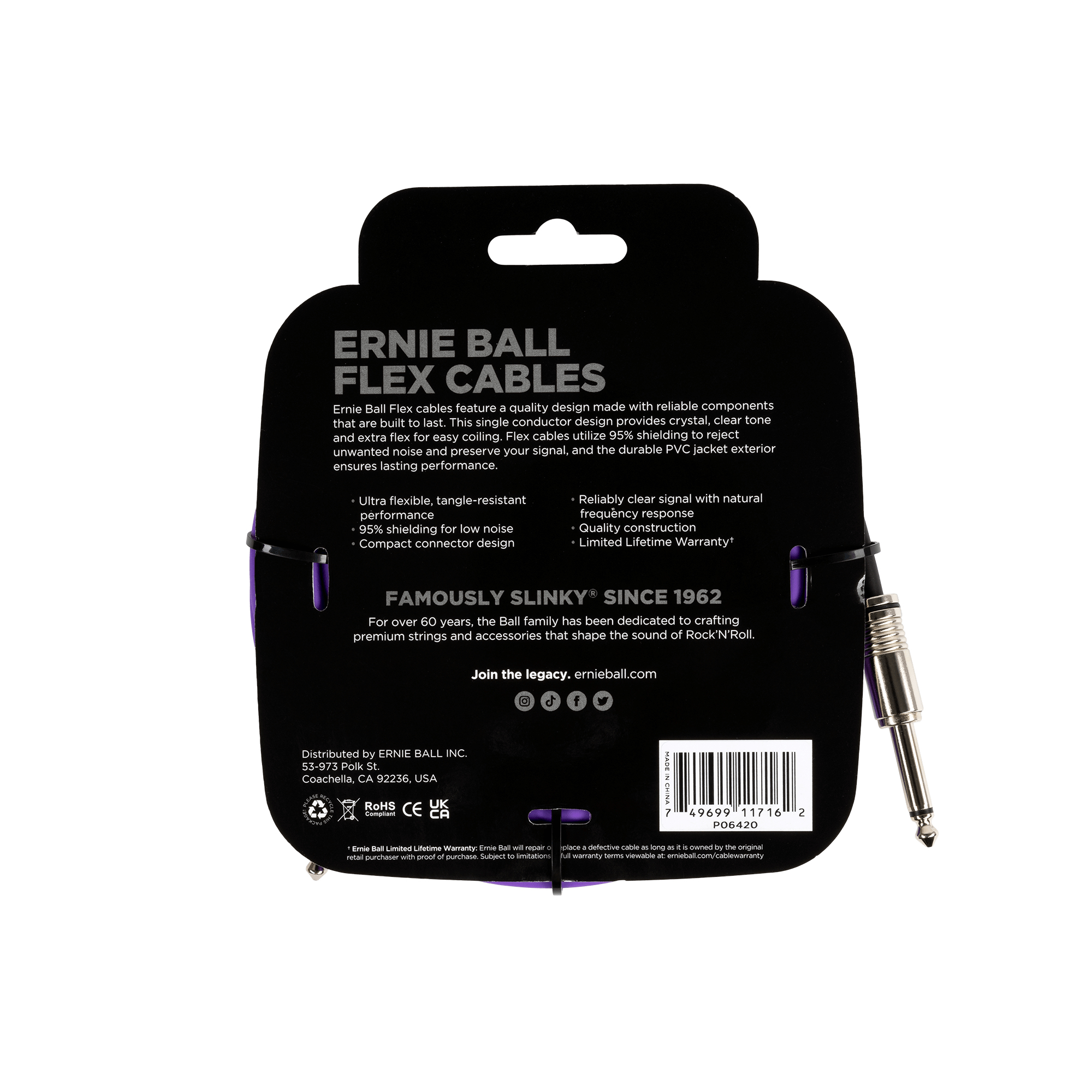 Confezione nera per cavo per chitarra Ernie Ball con dettagli del prodotto e cavo.