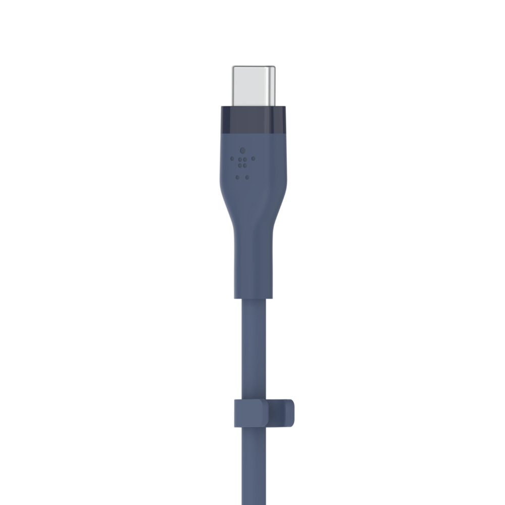 Cavo USB-C blu scuro con clip per cavo. Il cavo è collegato al connettore USB-C.