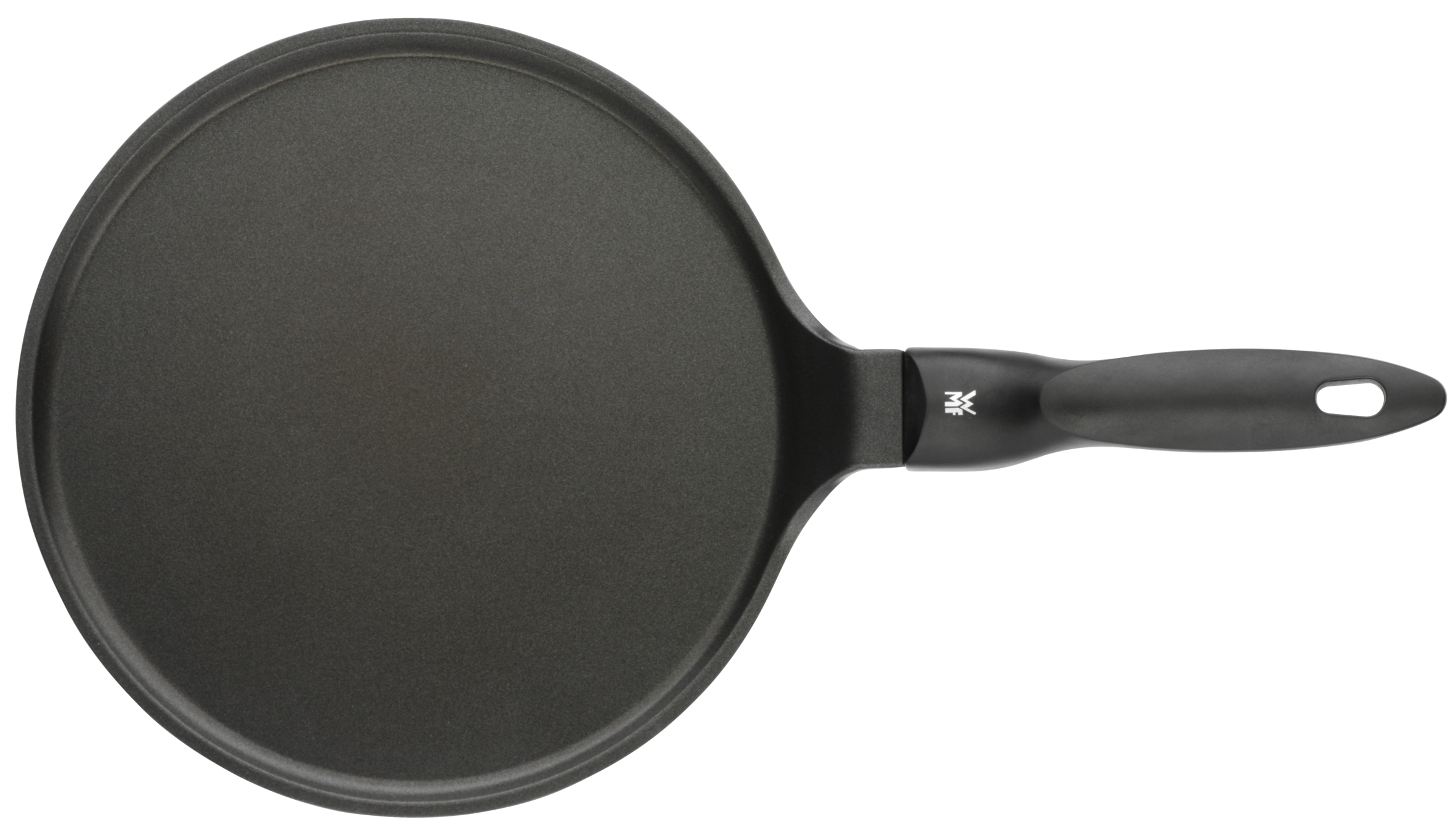 Czarna, okrągła patelnia do naleśników z długim, czarnym uchwytem. Patelnia jest pusta.