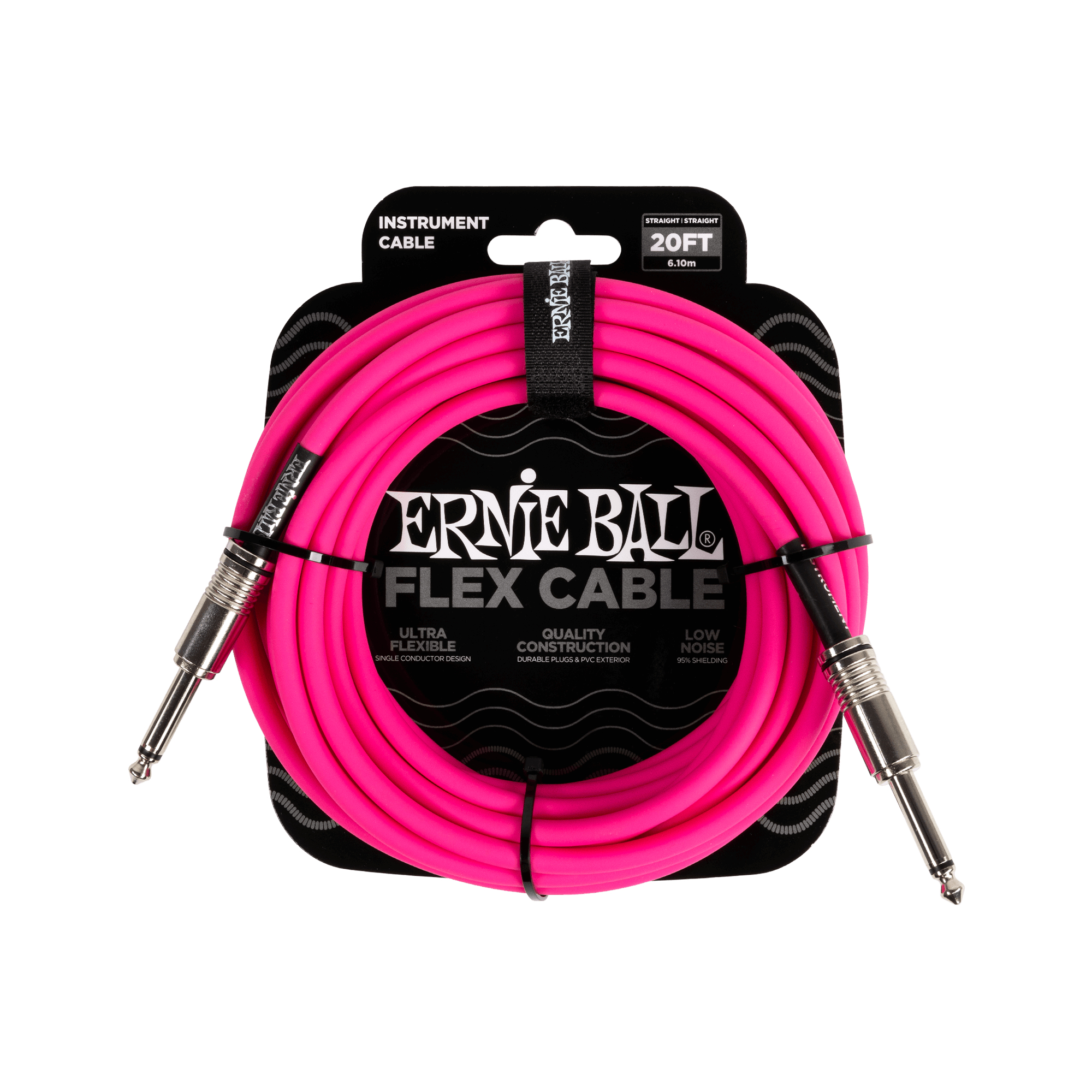 Cavo per strumenti Ernie Ball Flex Cable rosa, arrotolato su confezione nera.