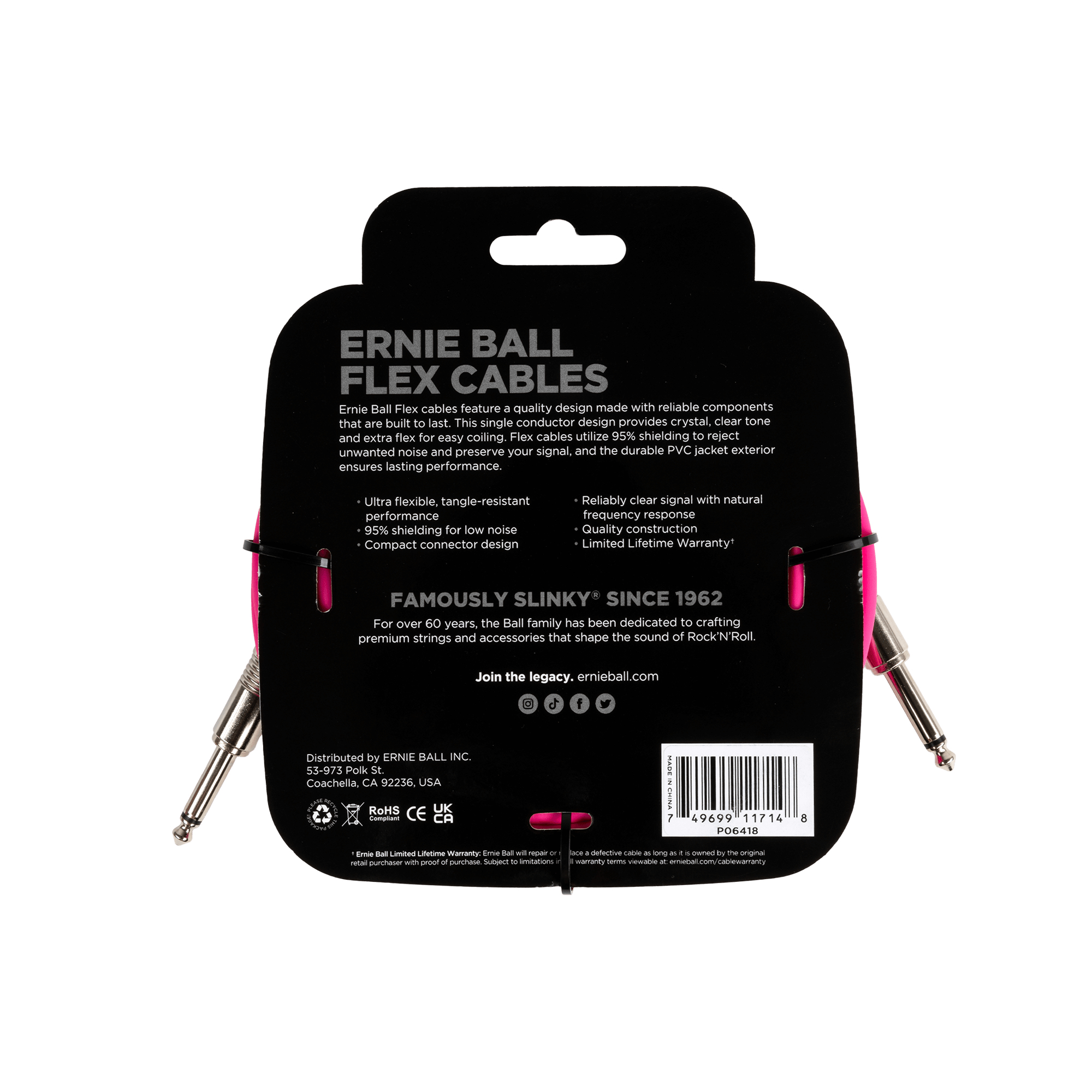 Retro della confezione rosa di Ernie Ball Flex Cable con dettagli del prodotto e marchio.