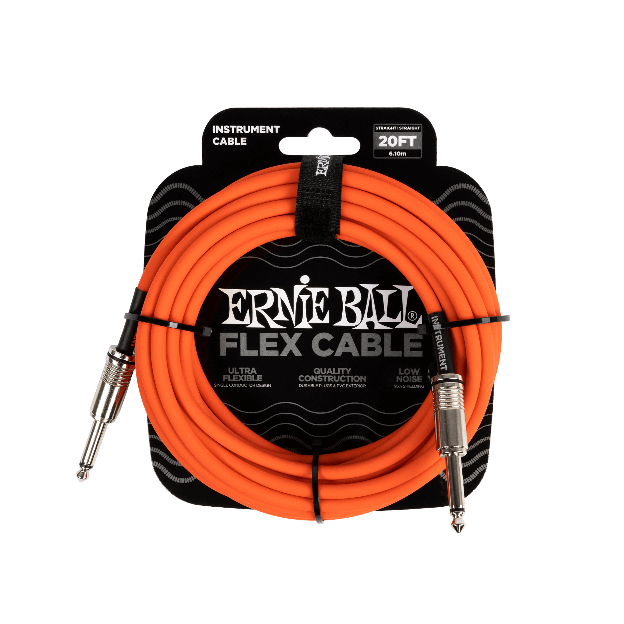 Cavo per strumenti Ernie Ball Flex Cable arancione, arrotolato su confezione nera.