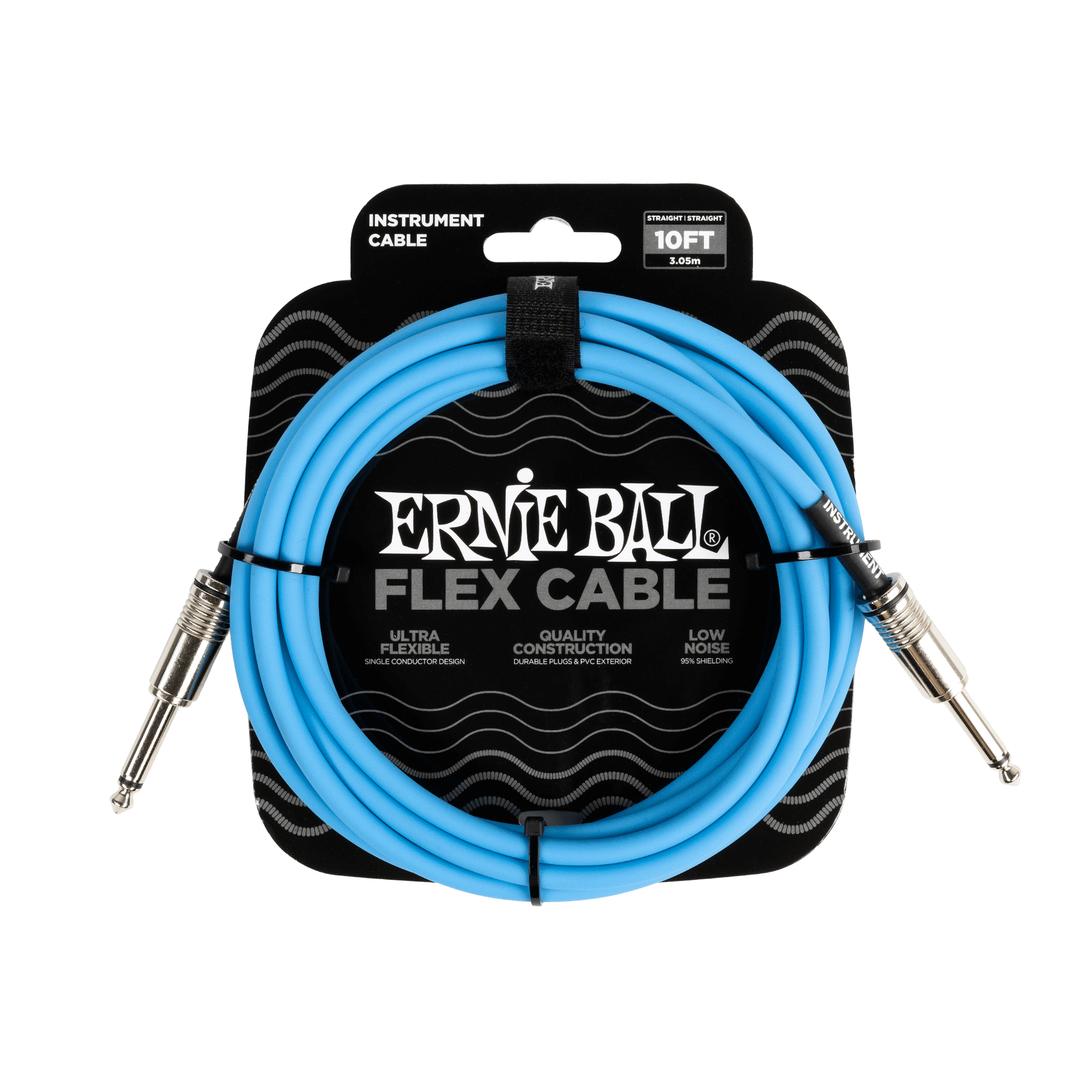 Cavo per strumenti Ernie Ball Flex Cable blu, arrotolato su confezione nera.