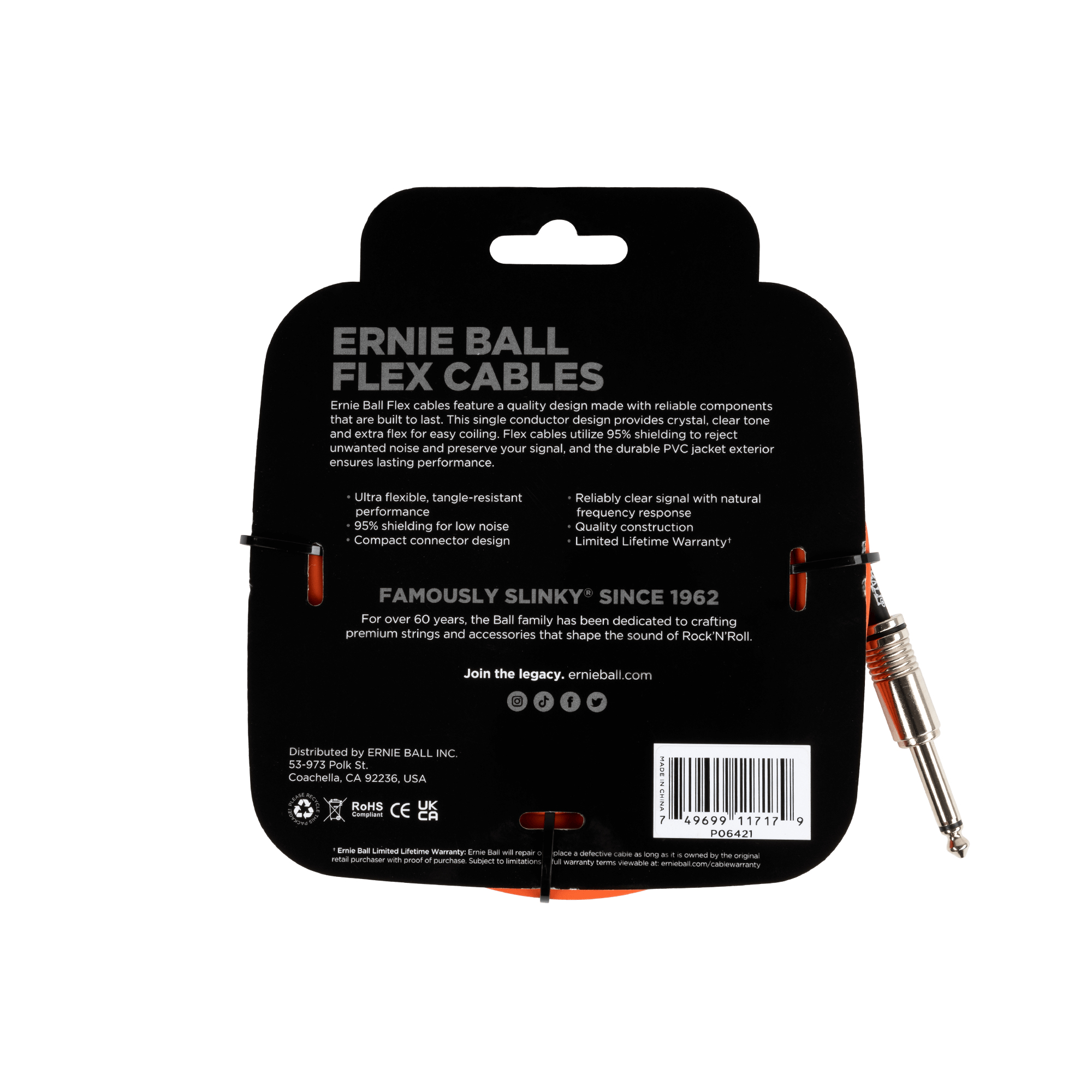 Retro della confezione arancione di Ernie Ball Flex Cable con dettagli del prodotto e marchio.