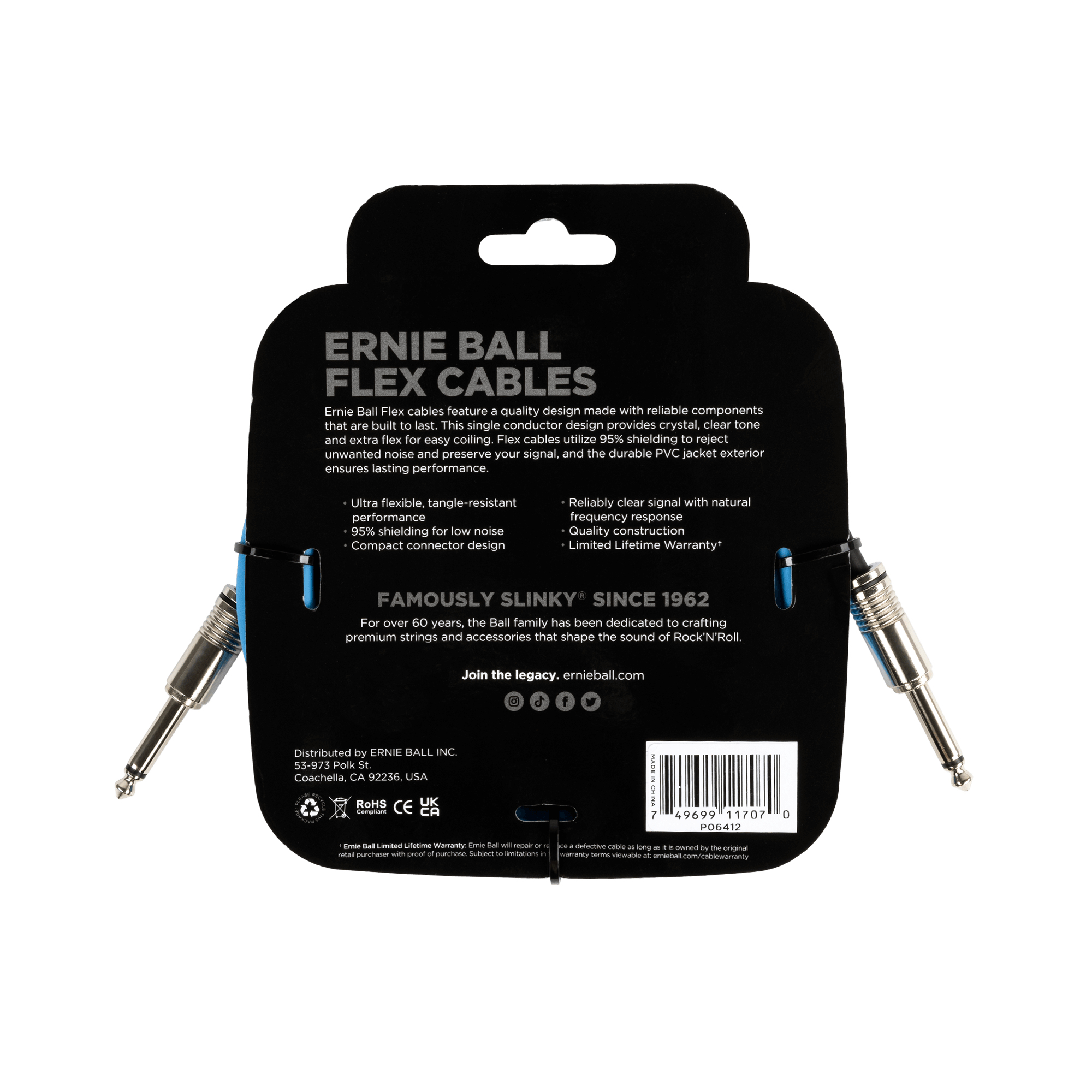 Retro della confezione blu di Ernie Ball Flex Cable con dettagli del prodotto e marchio.