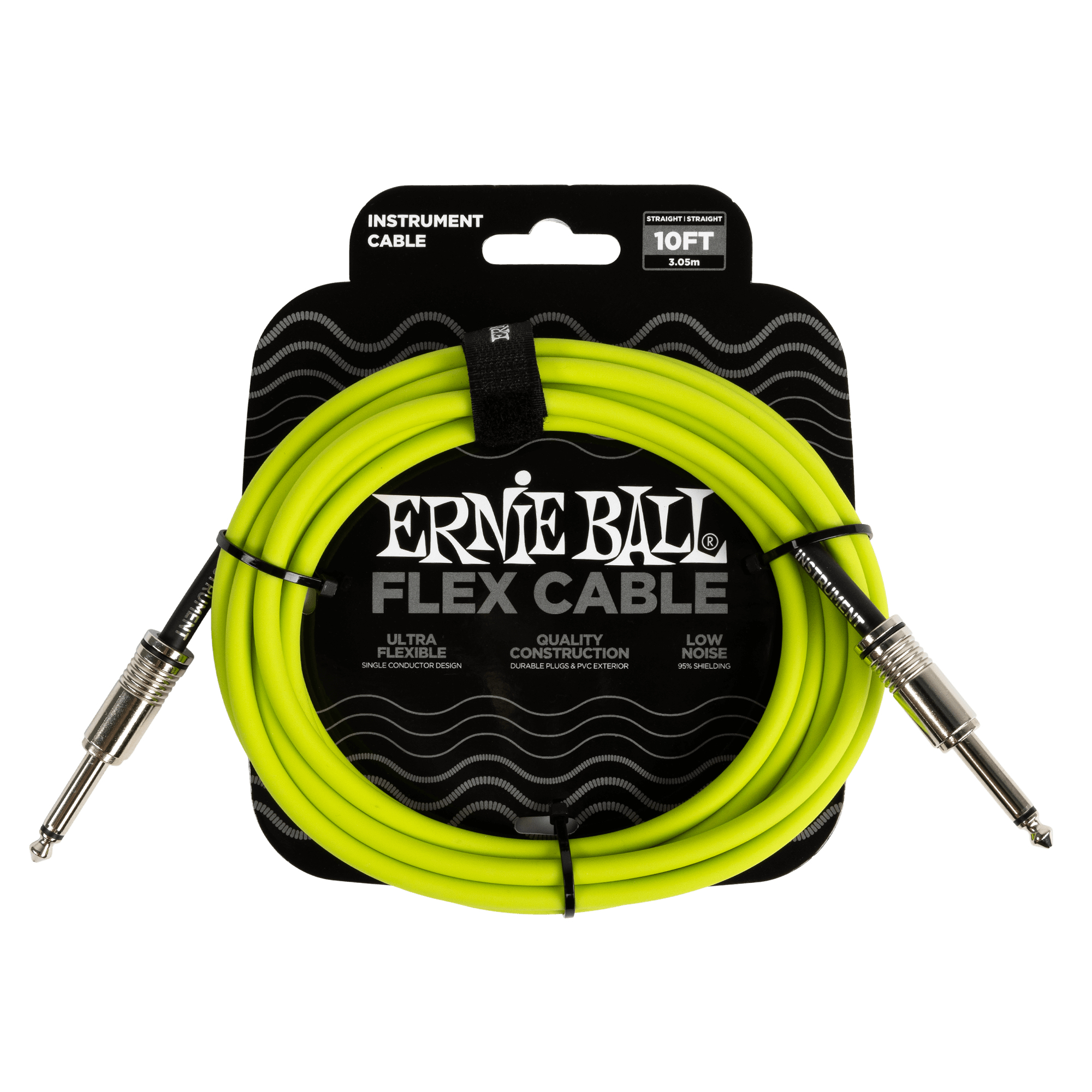 Cavo per strumenti Ernie Ball Flex Cable verde, arrotolato su confezione nera.